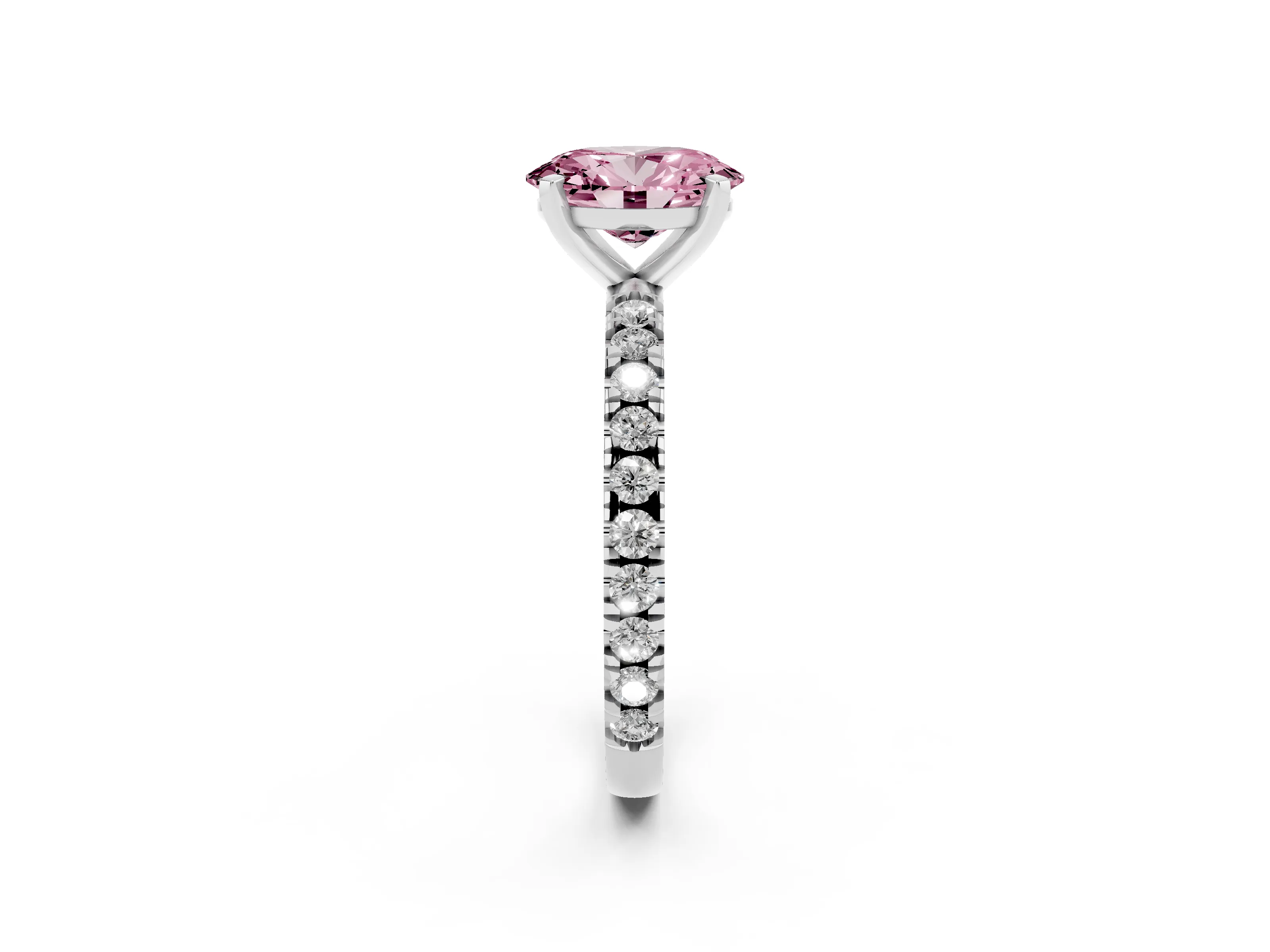 Fancy Pink Oval Cut Diamond Pavé Band Solitaire Set in White gold with Prong Setting