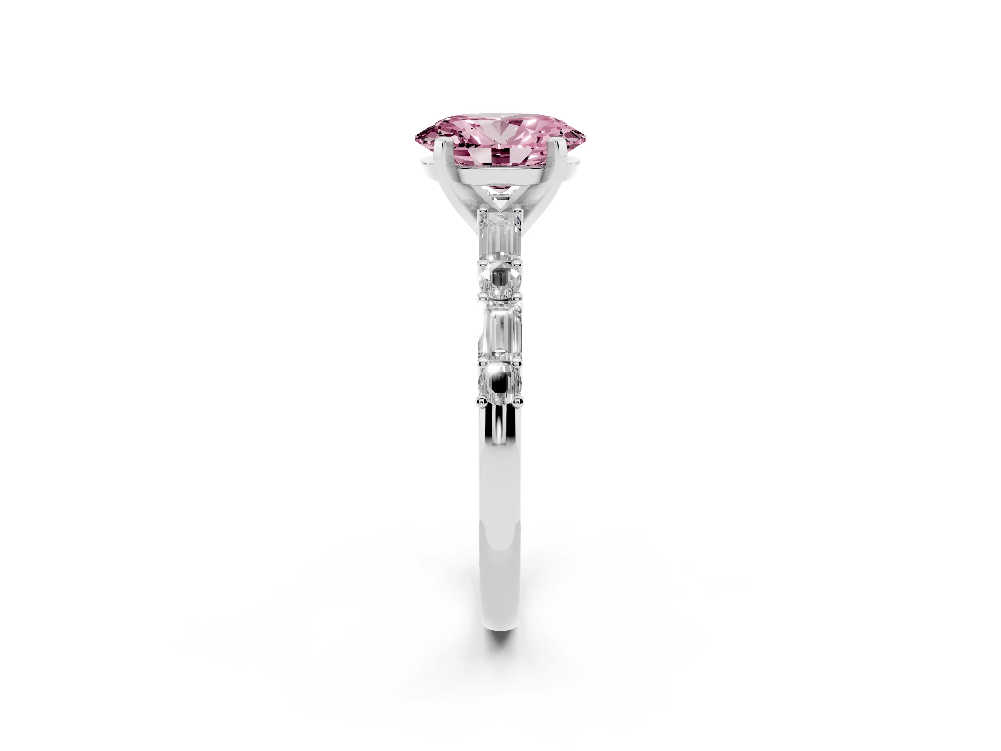 Fancy Pink Oval Cut Diamond Solitaire Set in White gold with Side Baguettes and Channel Set Band