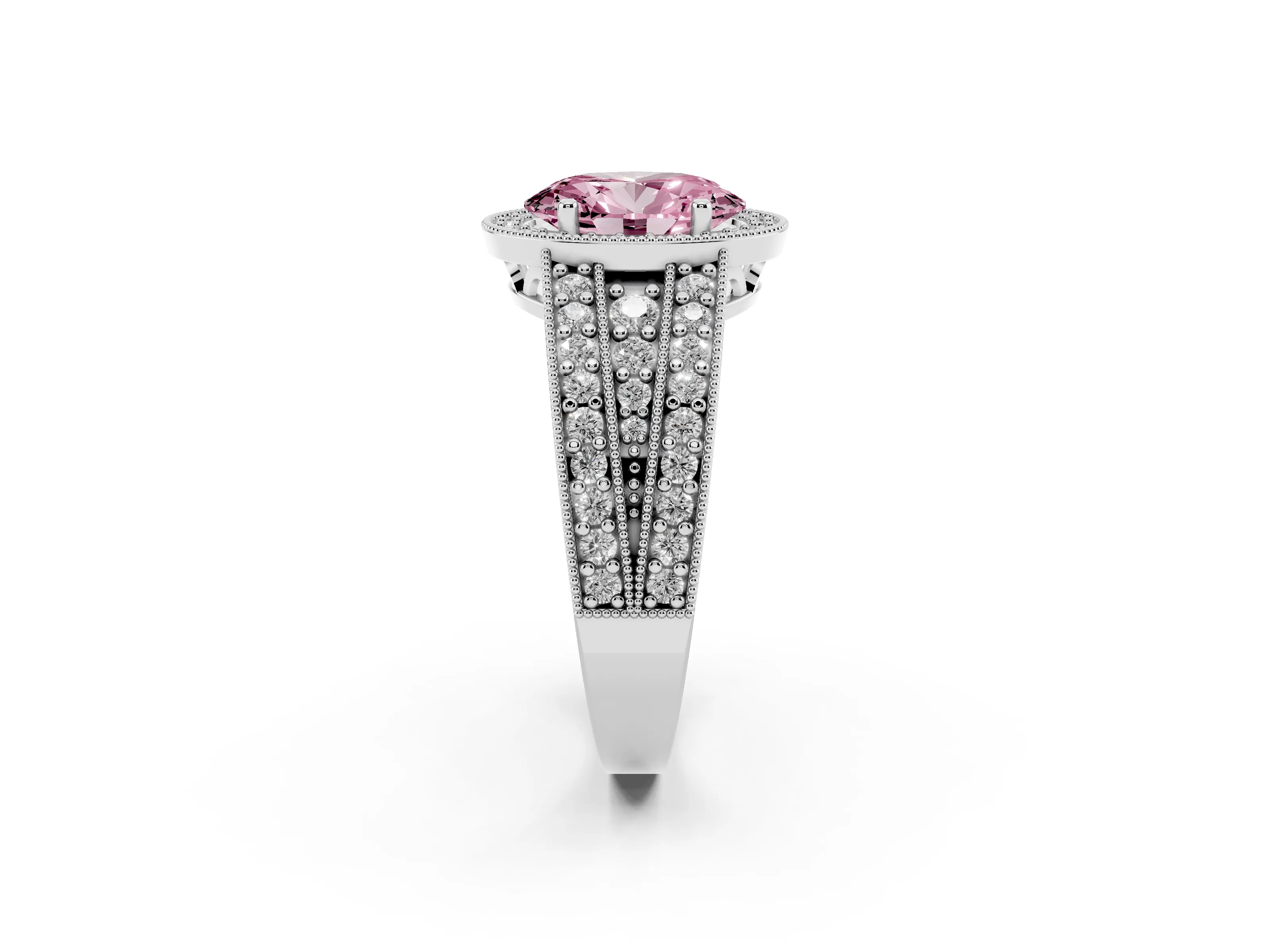 Fancy Pink Oval Cut Diamond Halo Ring Set in White gold with Accent Split Shank and Prong Setting