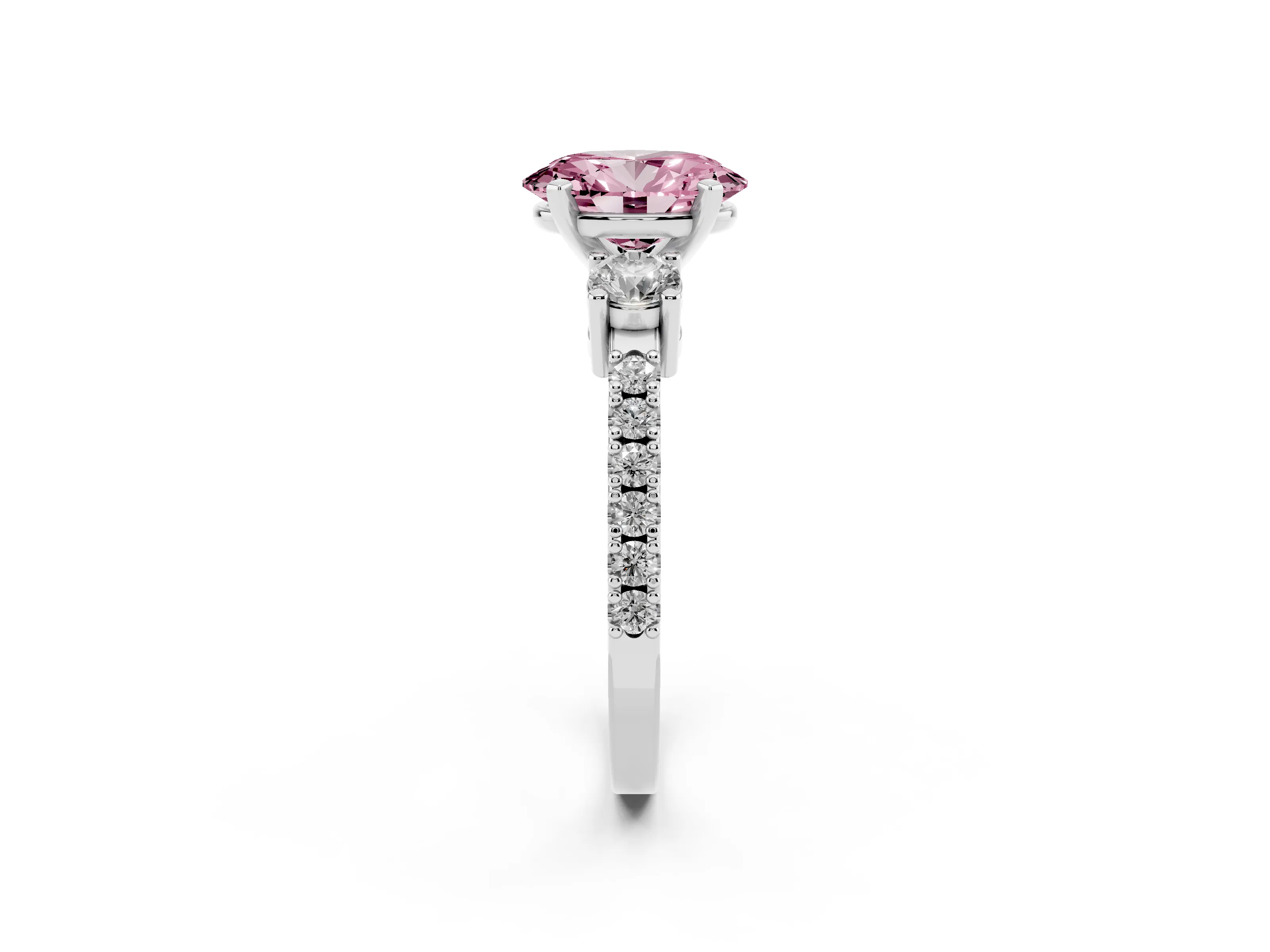 Fancy Pink Three-Stone Oval Cut Diamond Pavé Band Ring Set in Silver with Prong Setting