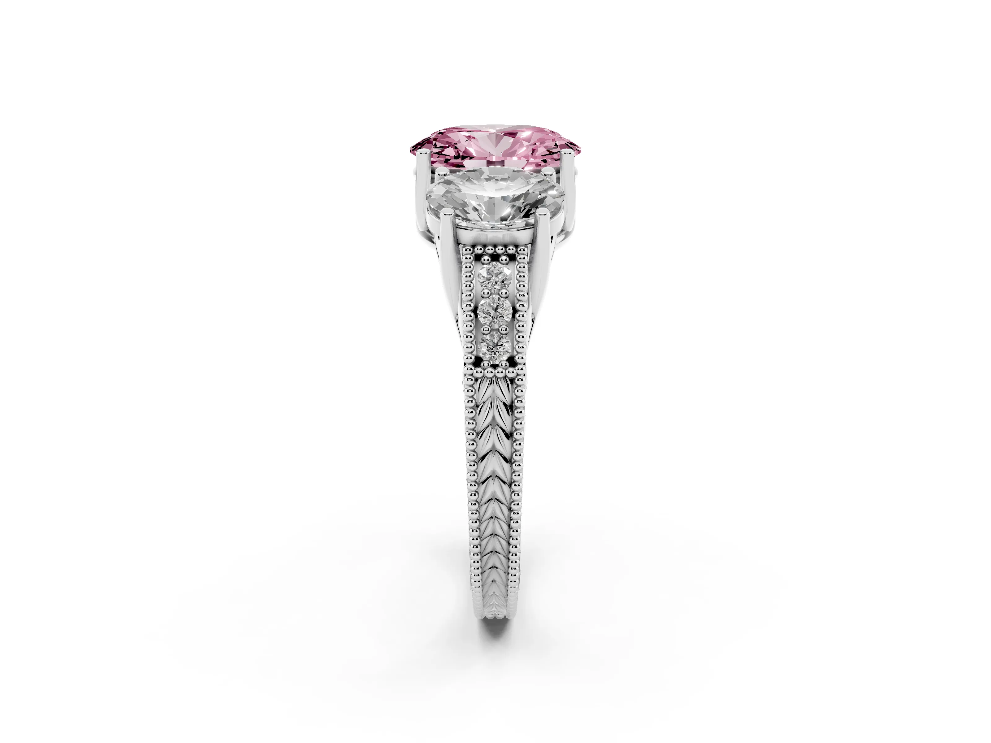 Fancy Pink Oval Cut Diamond Three-Stone Engagement Ring Set in Silver with Milgrain Pavé Band