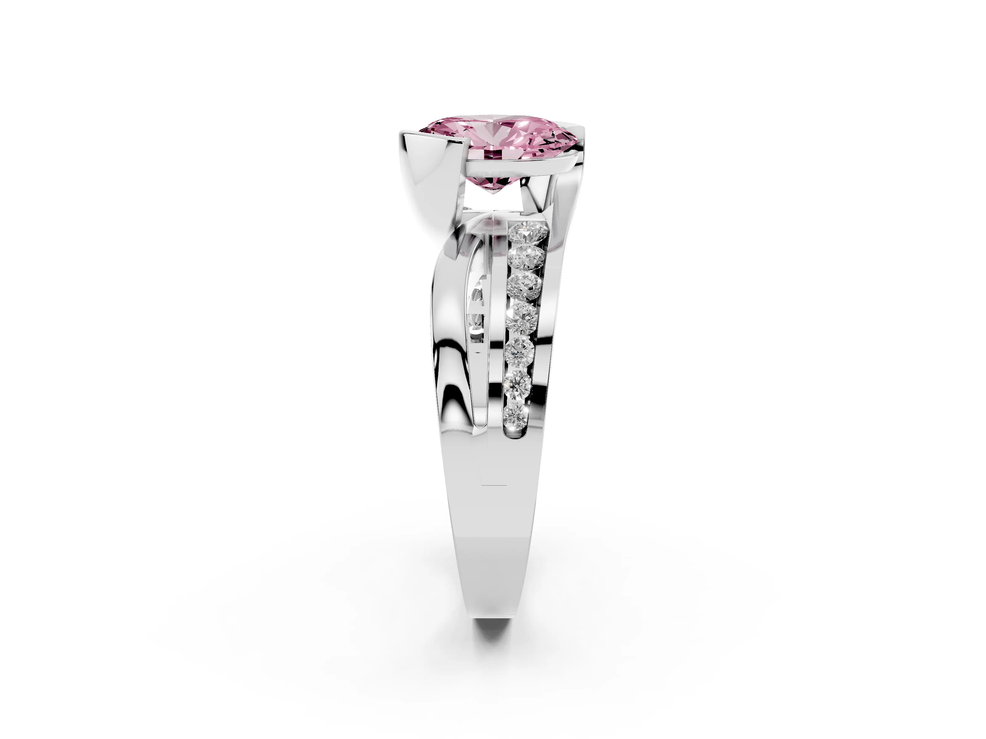 Fancy Pink Oval Cut Diamond Solitaire Ring Set in Platinum with Channel Set Split Shank and Tension Prongs