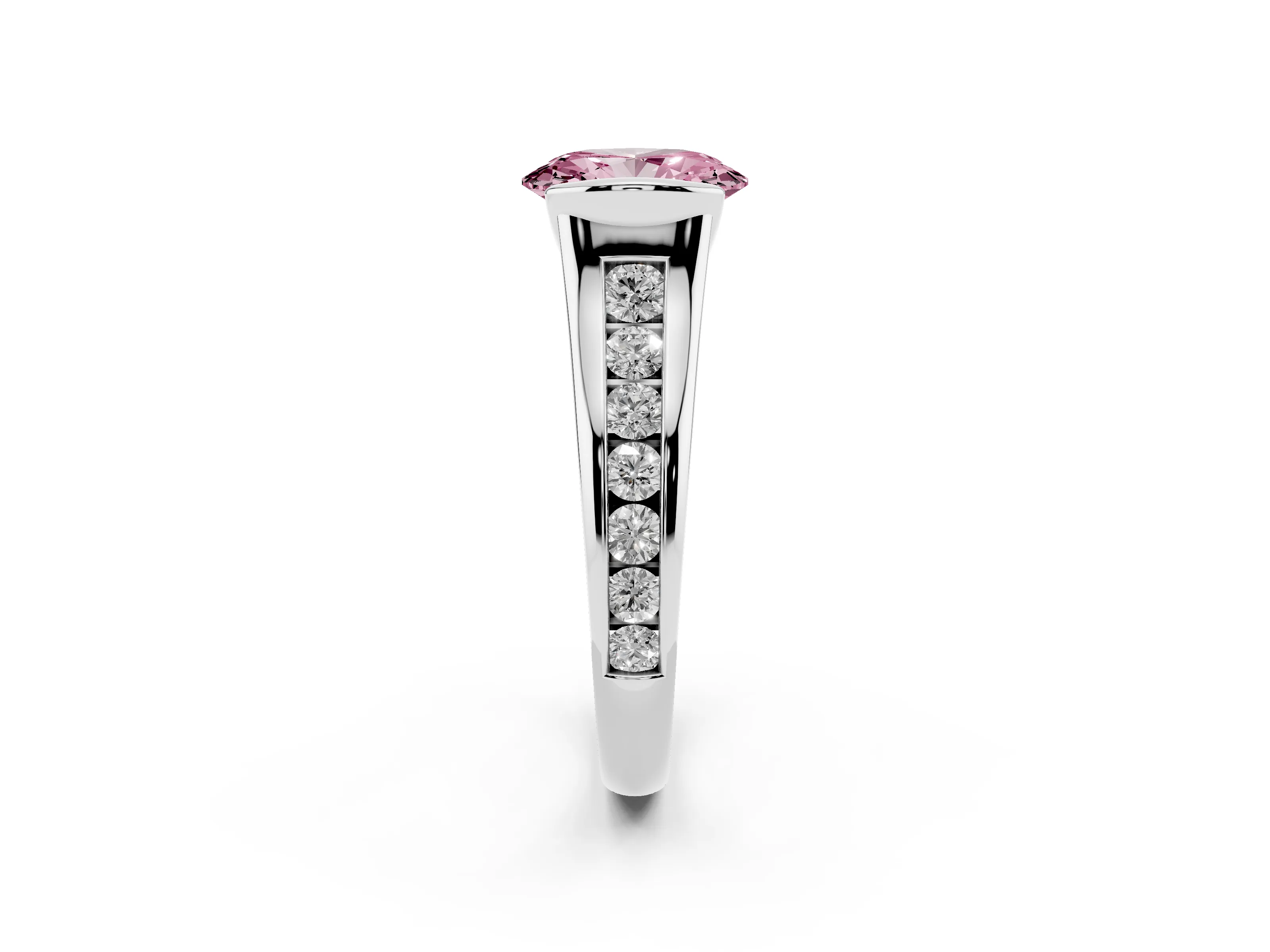 Fancy Pink Oval Cut Diamond Bezel-Set Solitaire Ring Set in Silver with Channel-Set Band