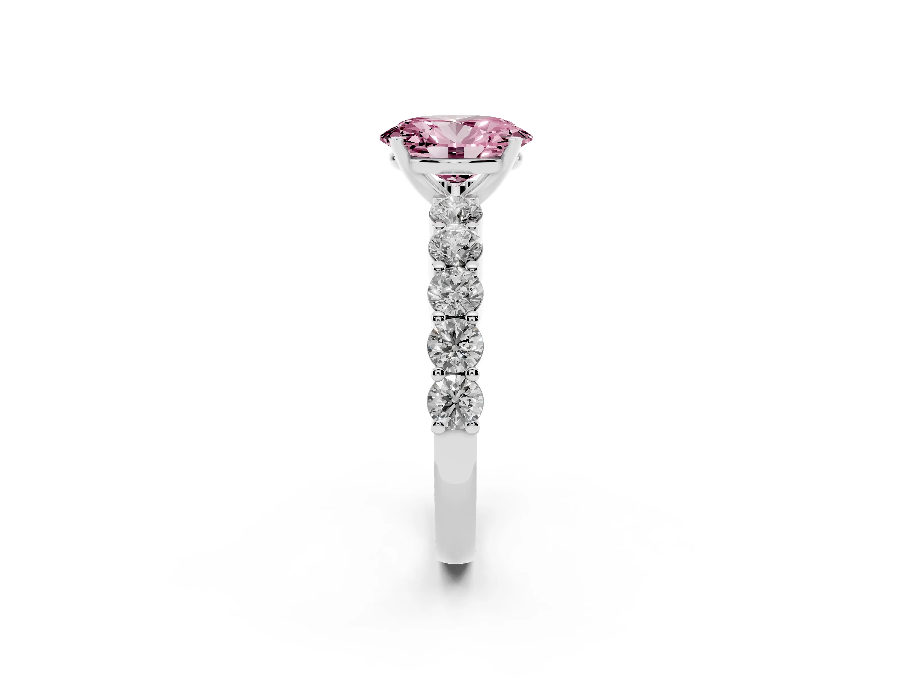 Fancy Pink Oval Cut Diamond Solitaire Ring Set in Platinum with Shared Prong Round Side Stones