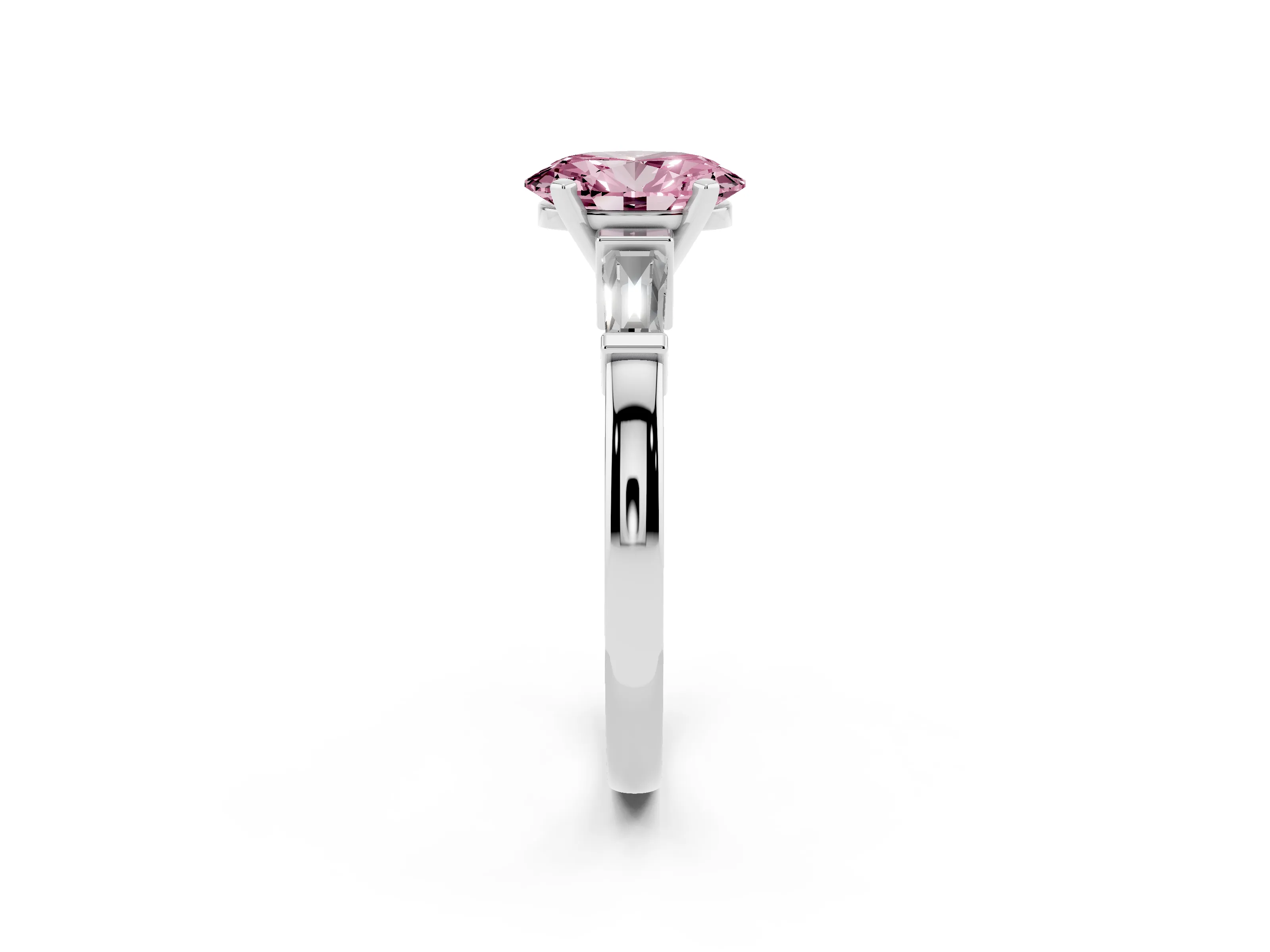 Fancy Pink Oval Cut Diamond Solitaire Ring Set in Silver with Tapered Baguette Accents and Prong Setting