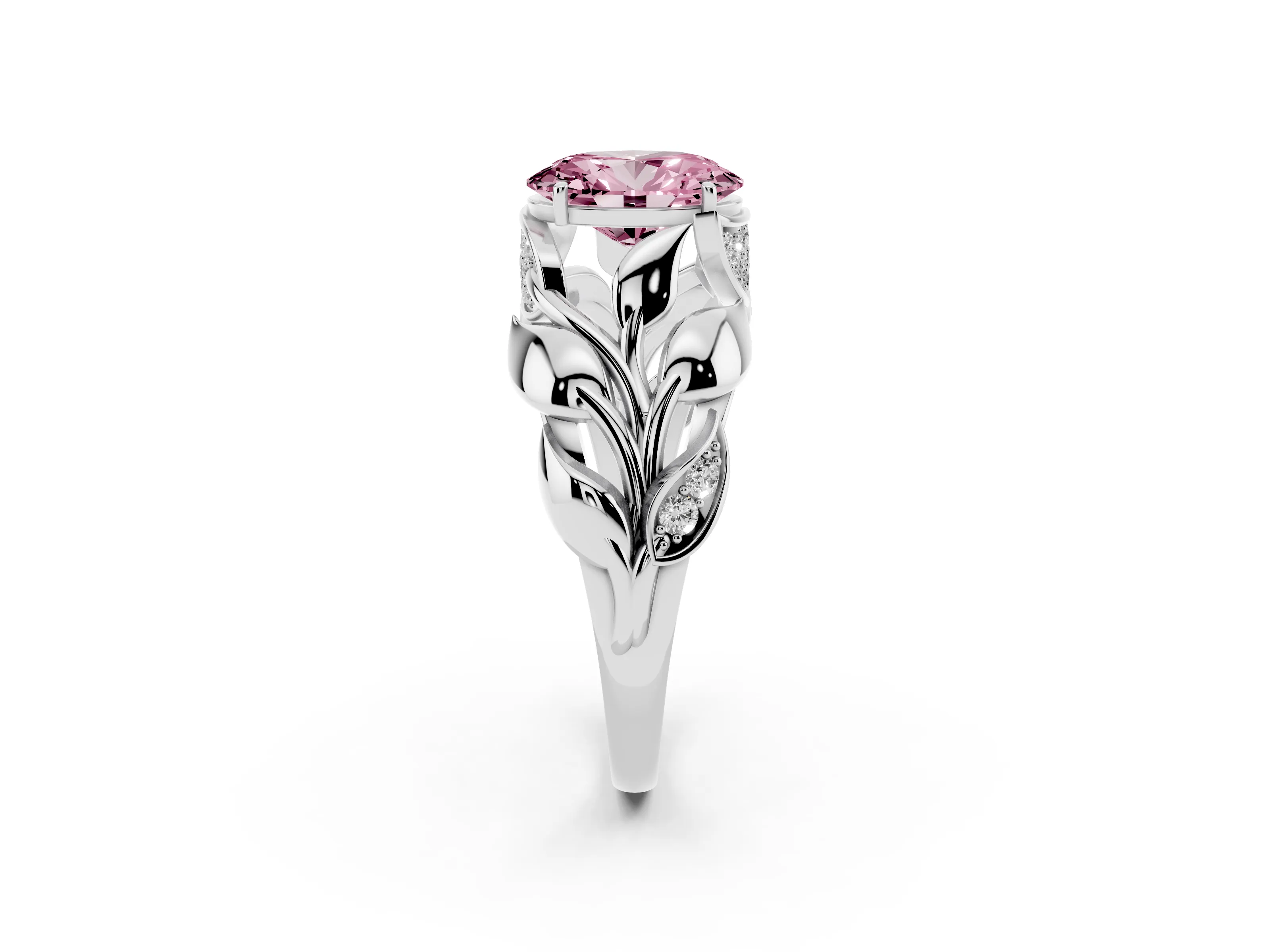 Fancy Pink Oval Cut Diamond Leaf-Inspired Engagement Ring Set in Platinum with Round Accents