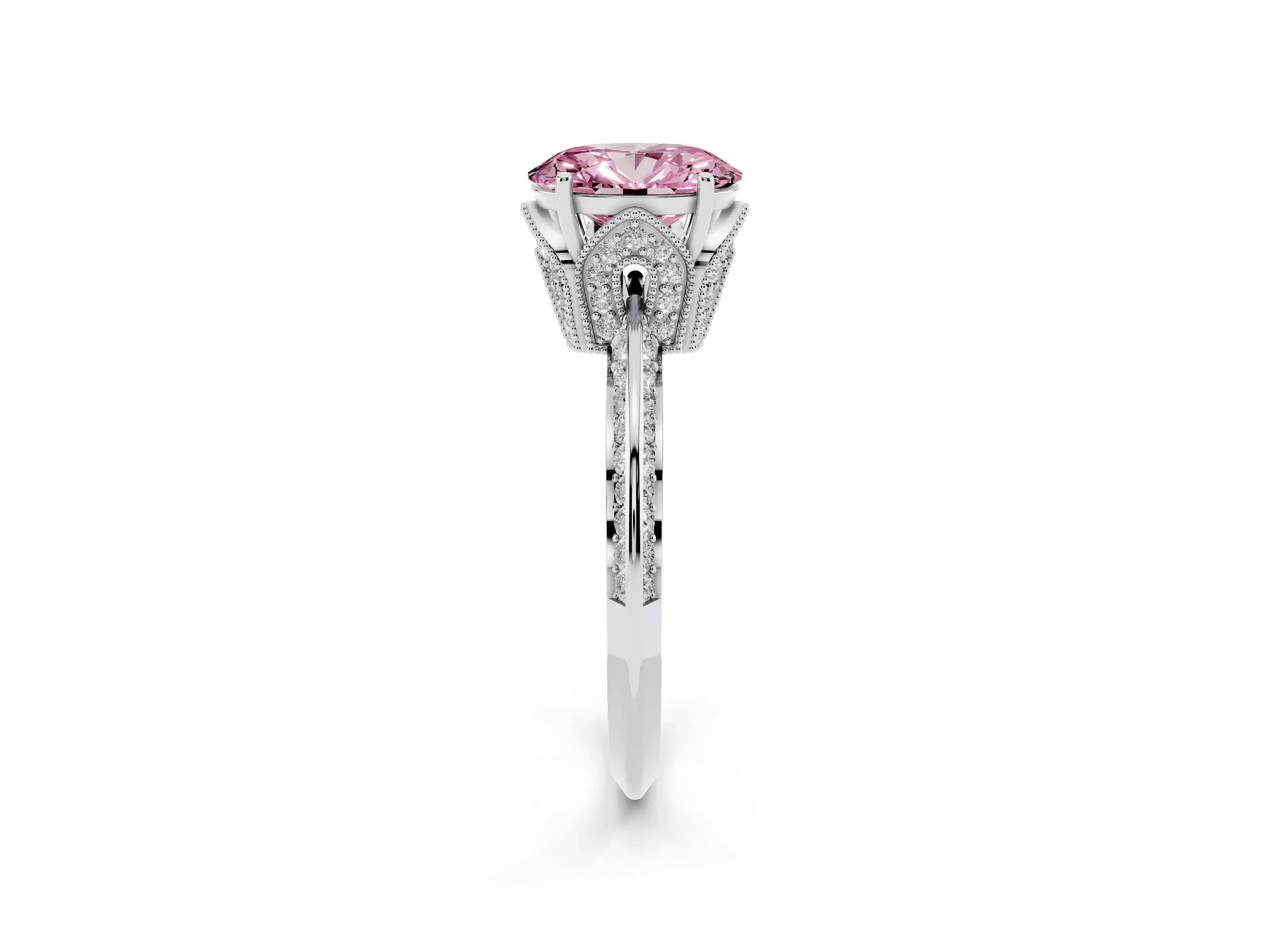 Fancy Pink Oval Cut Diamond Solitaire Engagement Ring Set in Platinum with Pavé Split Shank and Prong Setting