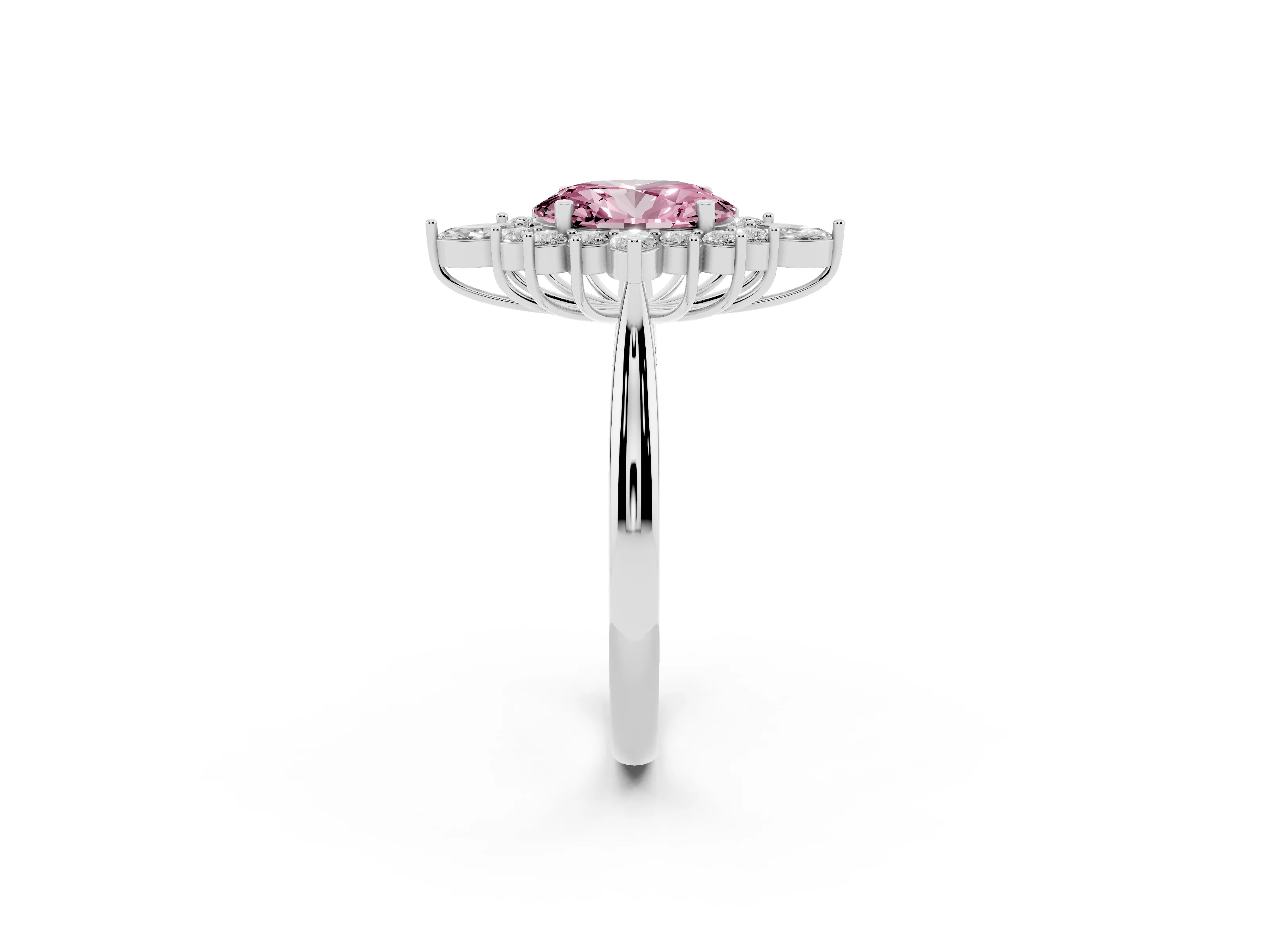 Fancy Pink Oval Cut Diamond Cluster Halo Ring Set in White gold with Marquise and Round Accents