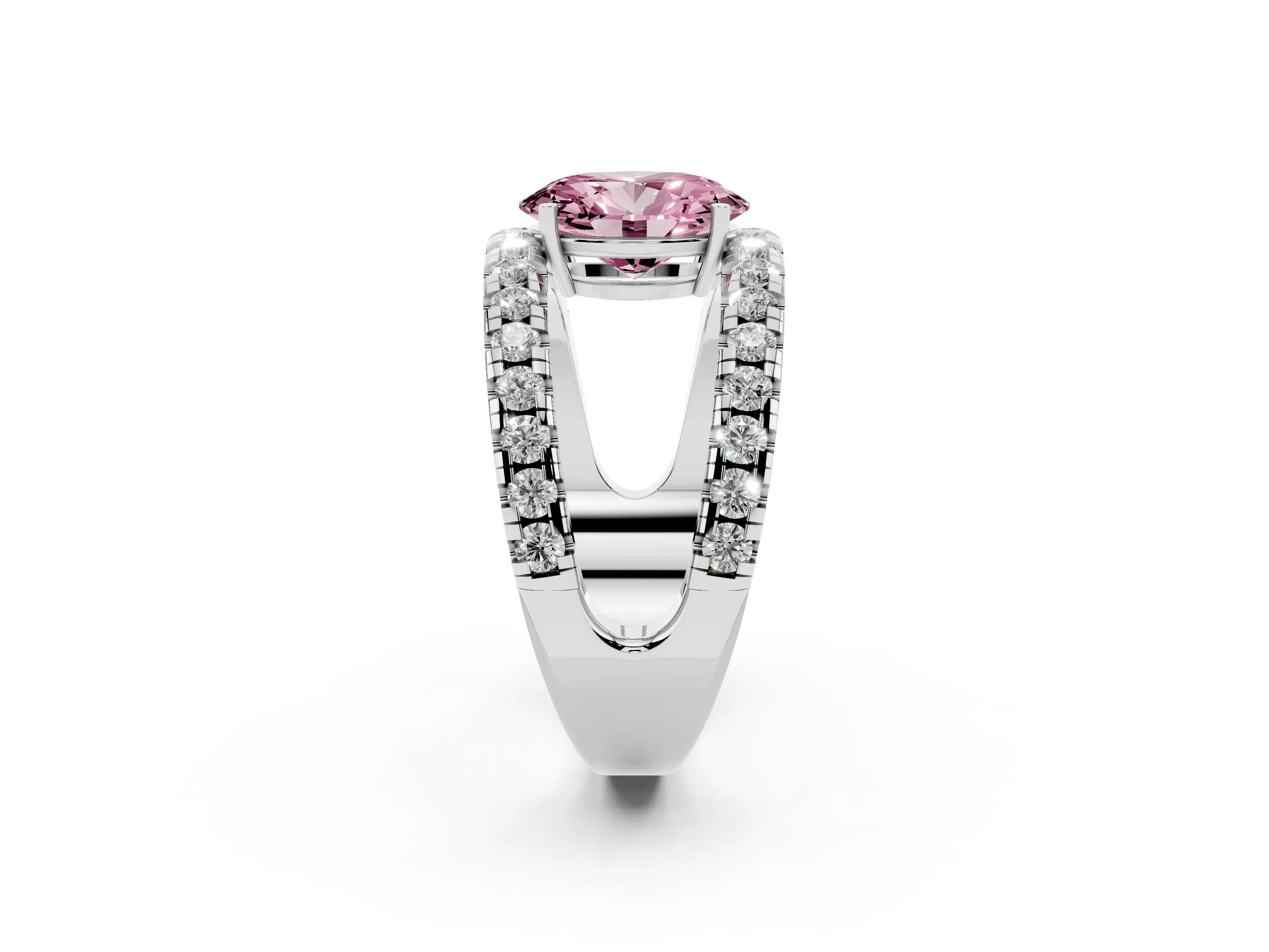 Fancy Pink Oval Cut Diamond Split Shank Pavé Solitaire Ring Set in Platinum with Open Shank Design