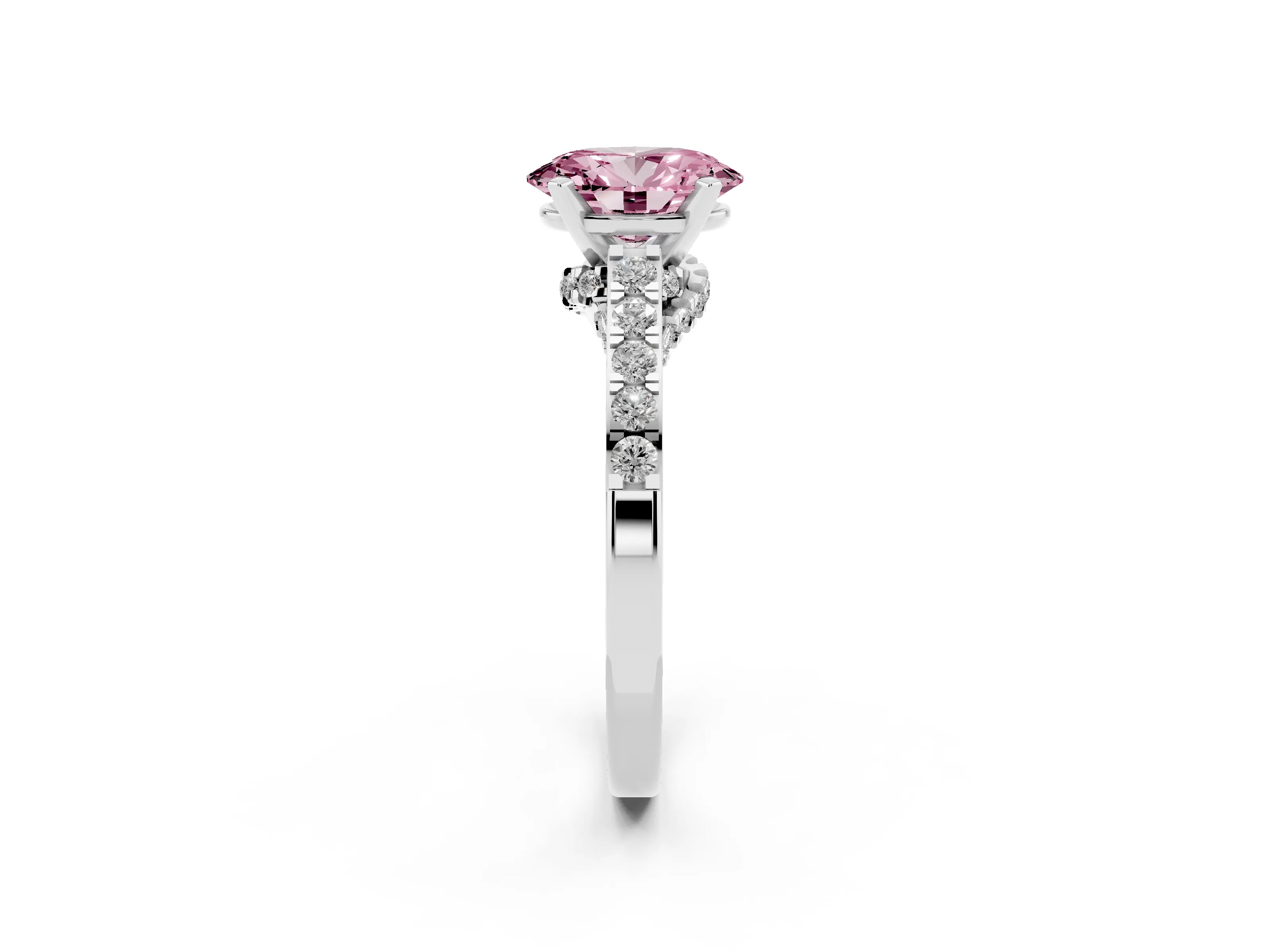 Fancy Pink Oval Cut Diamond Solitaire Ring Set in Platinum with Crossover Gallery and Round Pavé Band