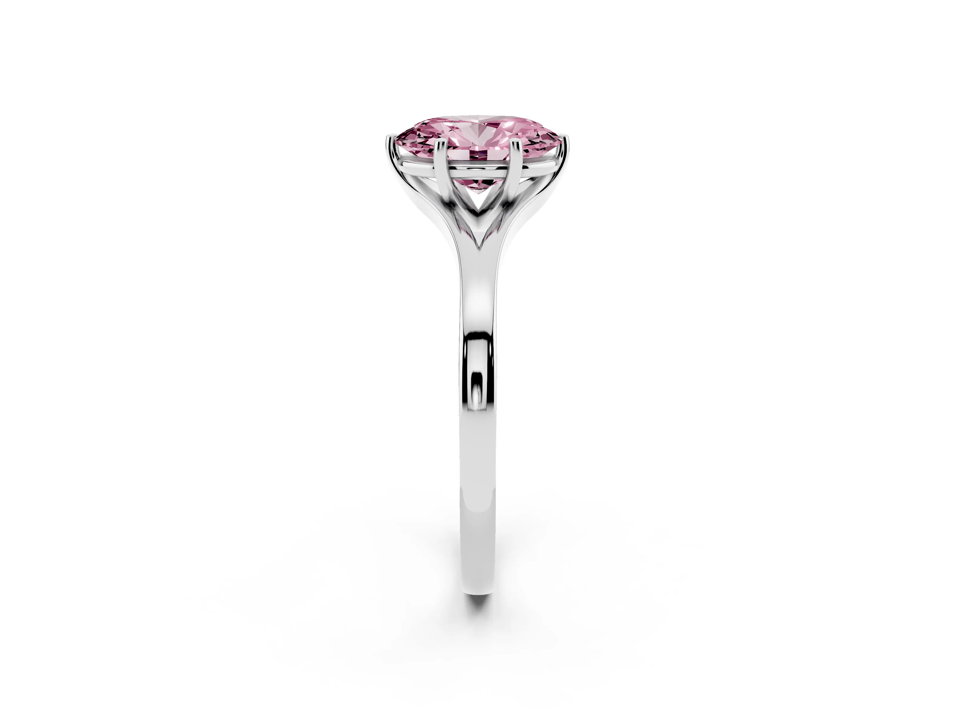 Fancy Pink Oval Cut Diamond Solitaire Ring Set in Silver with Polished Tapered Band and Prong Setting