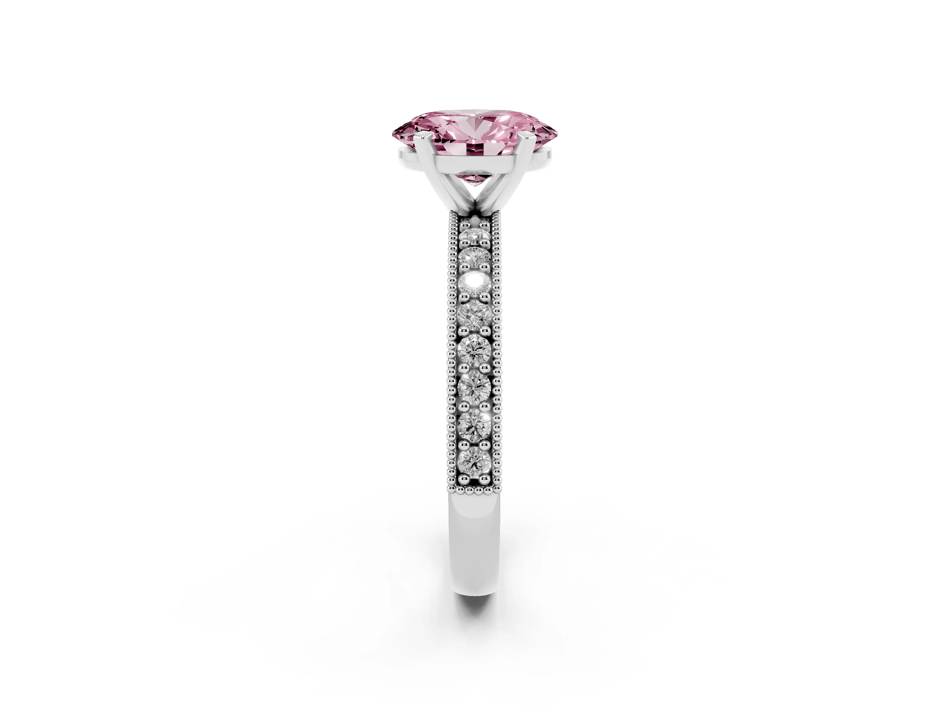 Fancy Pink Oval Cut Diamond Milgrain Pavé Engagement Ring Set in Platinum with Prong Setting