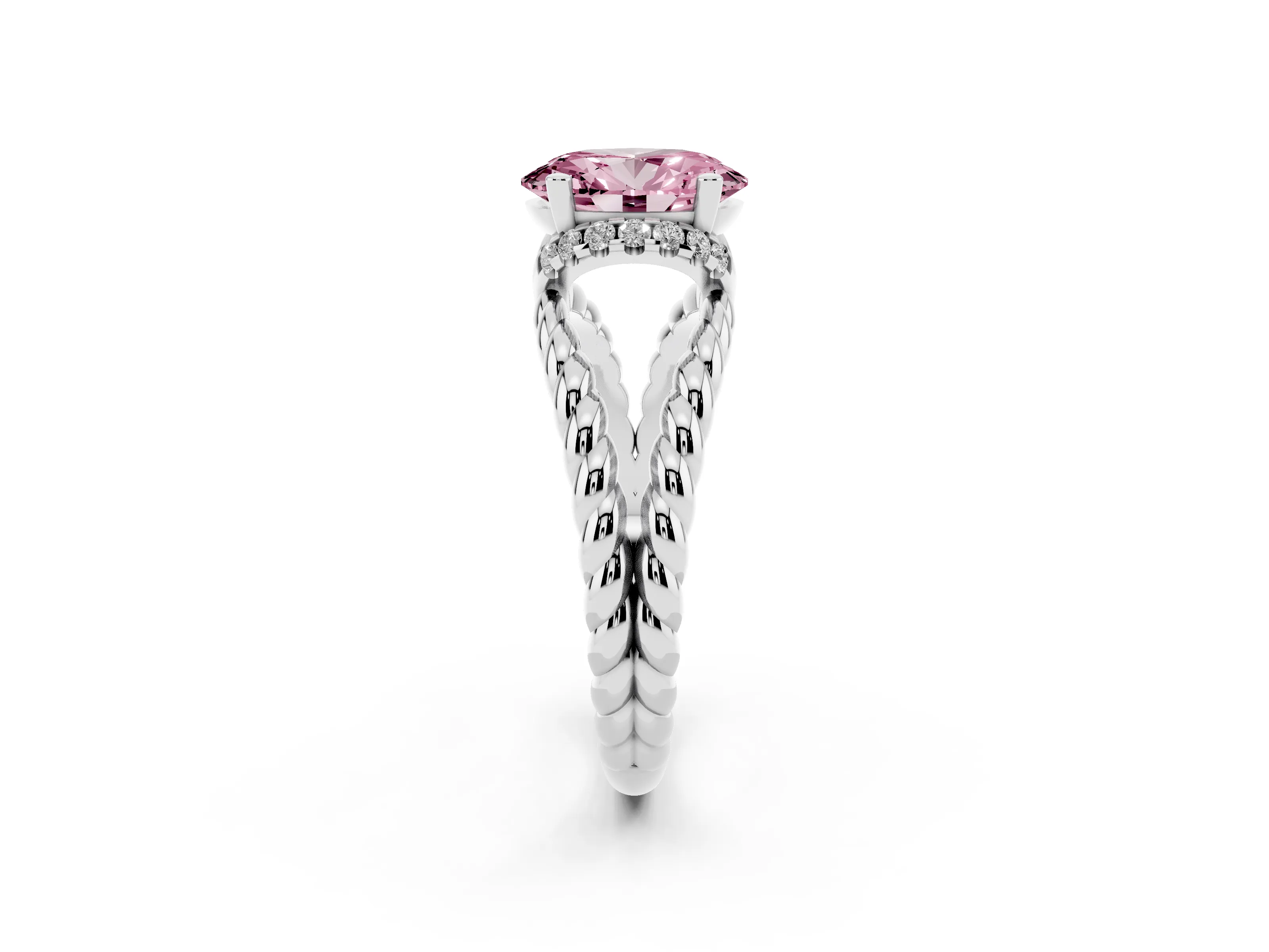 Fancy Pink Oval Cut Diamond Halo Ring Set in Silver with Twisted Band and Prong Setting