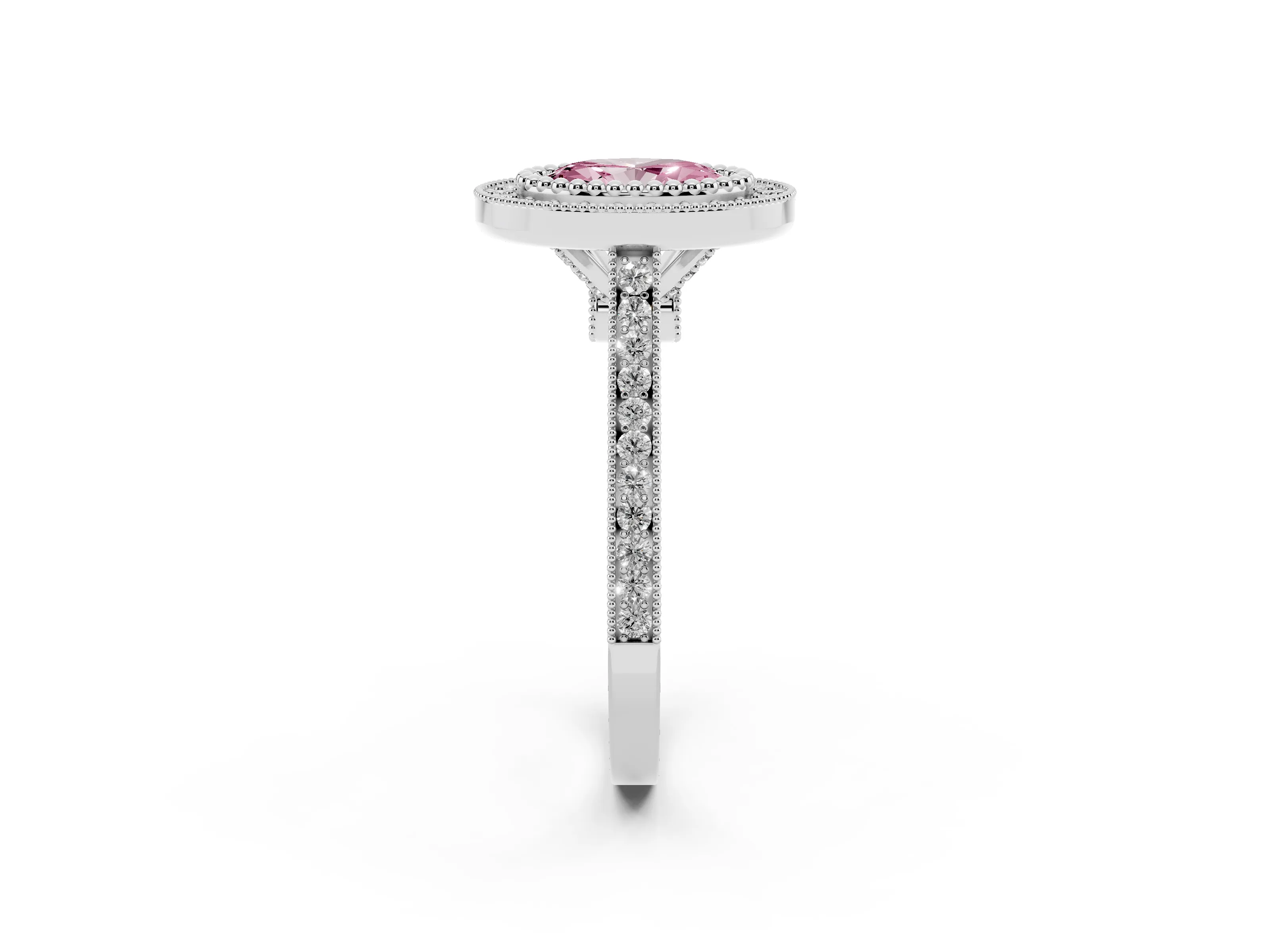 Fancy Pink Oval Cut Diamond Halo Ring Set in Silver with Milgrain Frame and Pavé Band