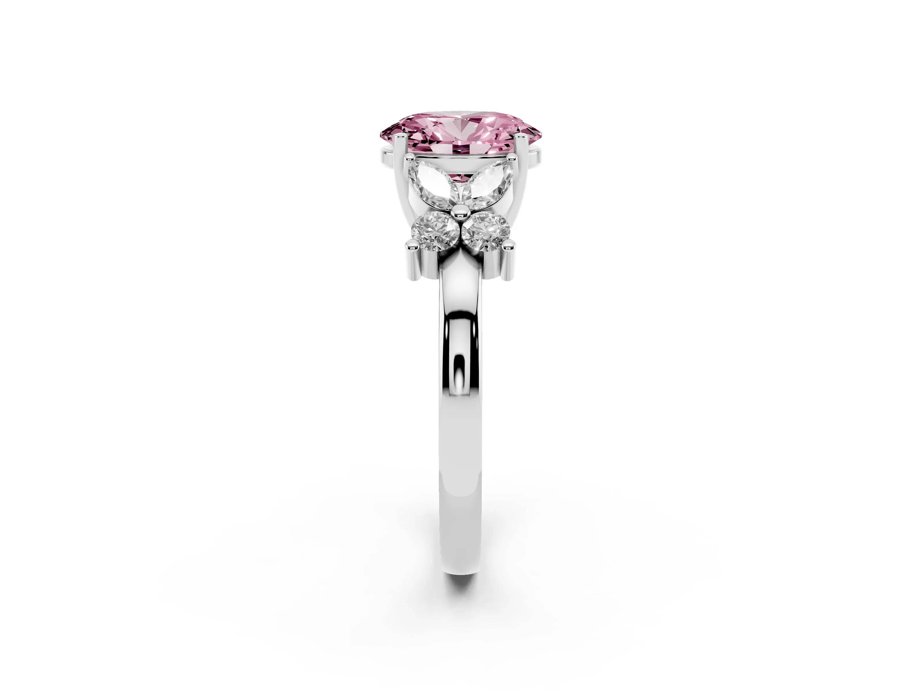 Fancy Pink Oval Cut Diamond Floral Cluster Ring Set in Silver with Marquise Petals and Prong Setting
