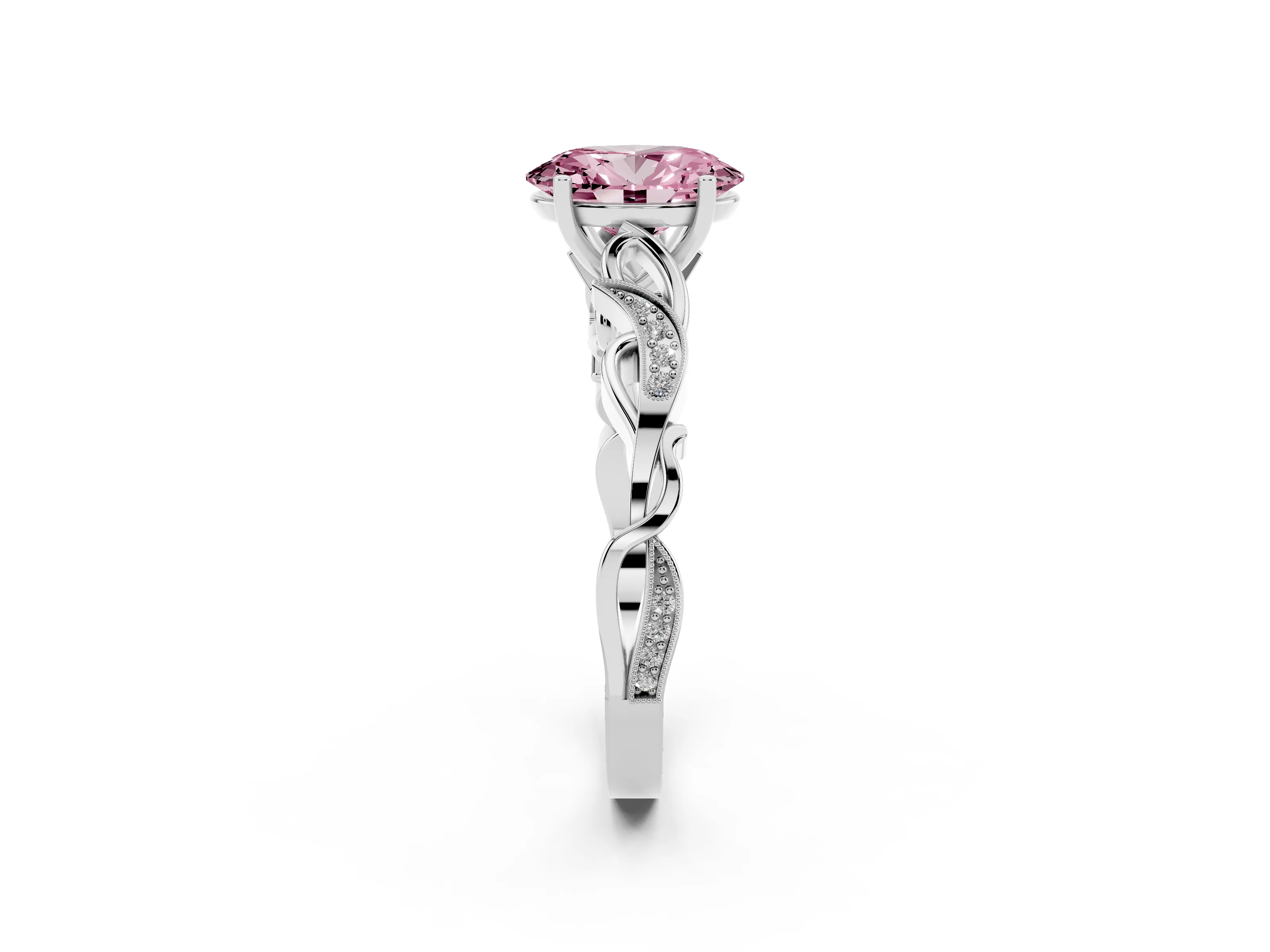 Fancy Pink Oval Cut Diamond Vine Band Solitaire Ring Set in Silver with Milgrain Prong Setting