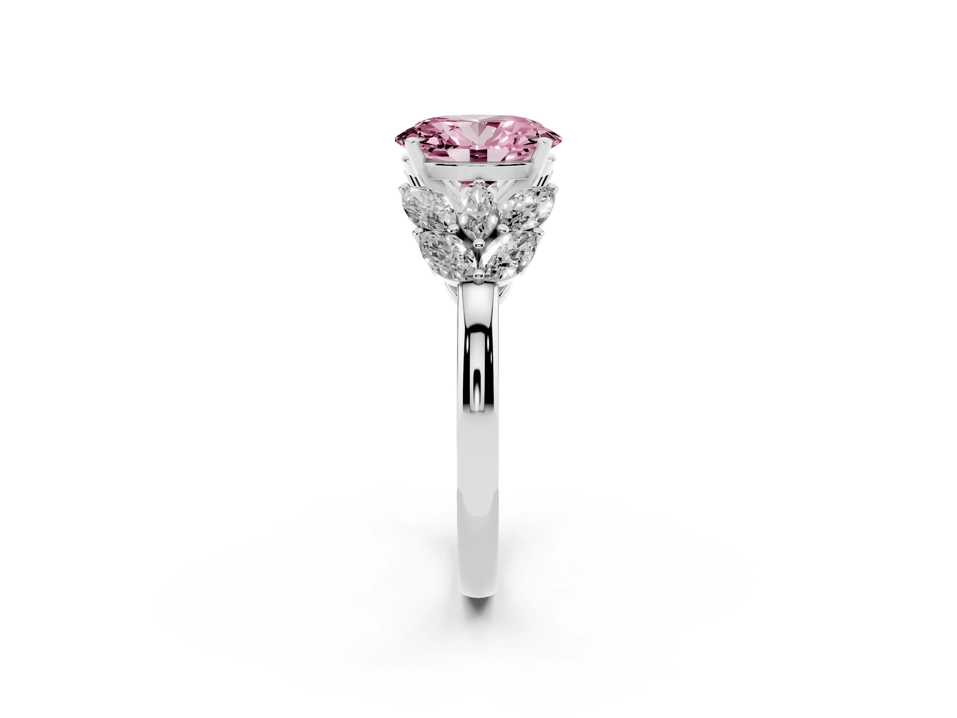 Fancy Pink Oval Cut Diamond Cluster Leaf Design Ring Set in White gold with Prong Setting