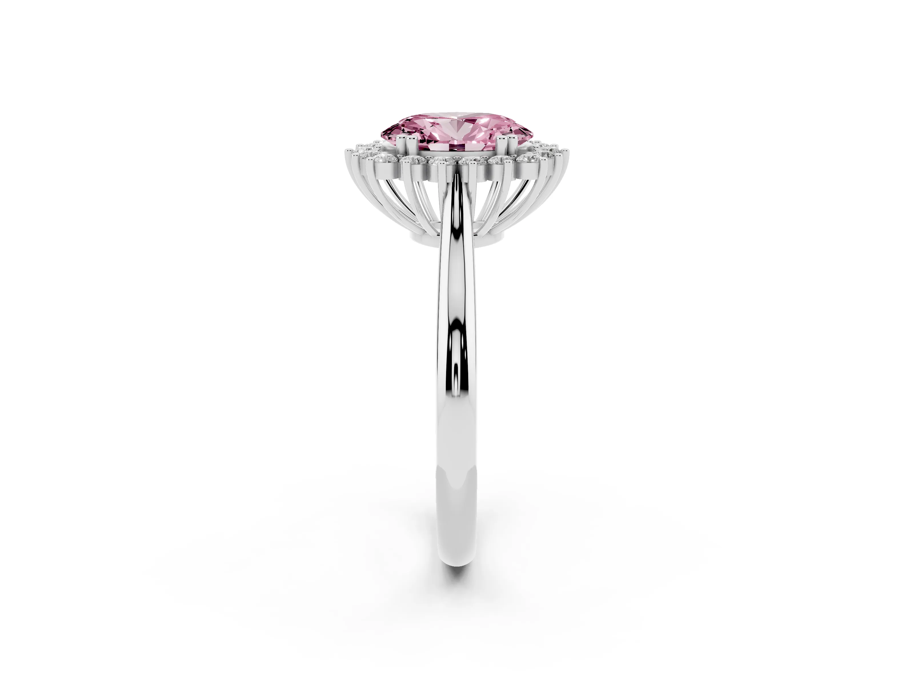 Fancy Pink Oval Cut Diamond Halo Ring Set in White gold with Plain Solitaire Band and Prong Setting