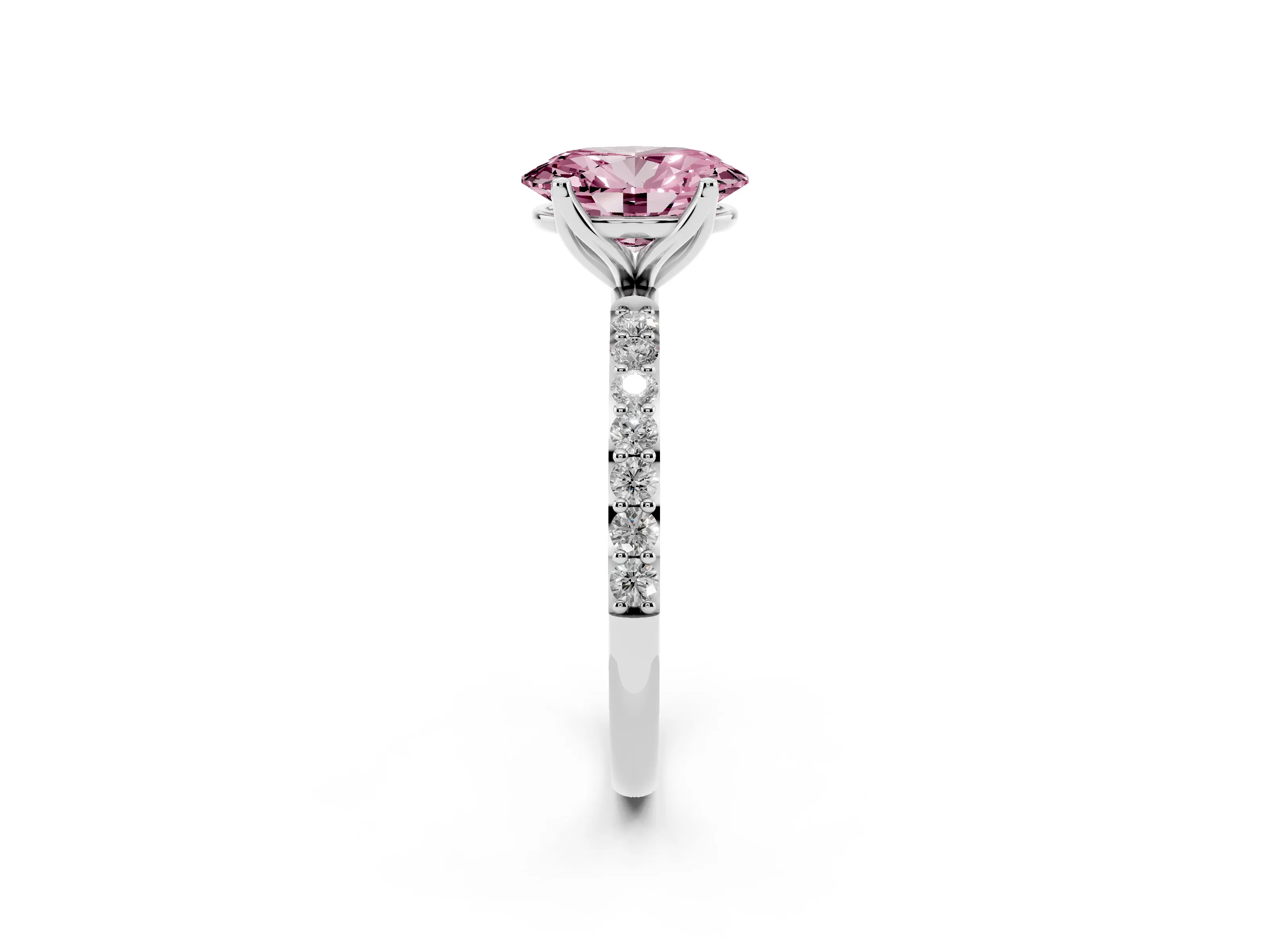 Fancy Pink Oval Cut Diamond Solitaire Engagement Ring Set in Platinum with Round Pavé Band and Prong Setting