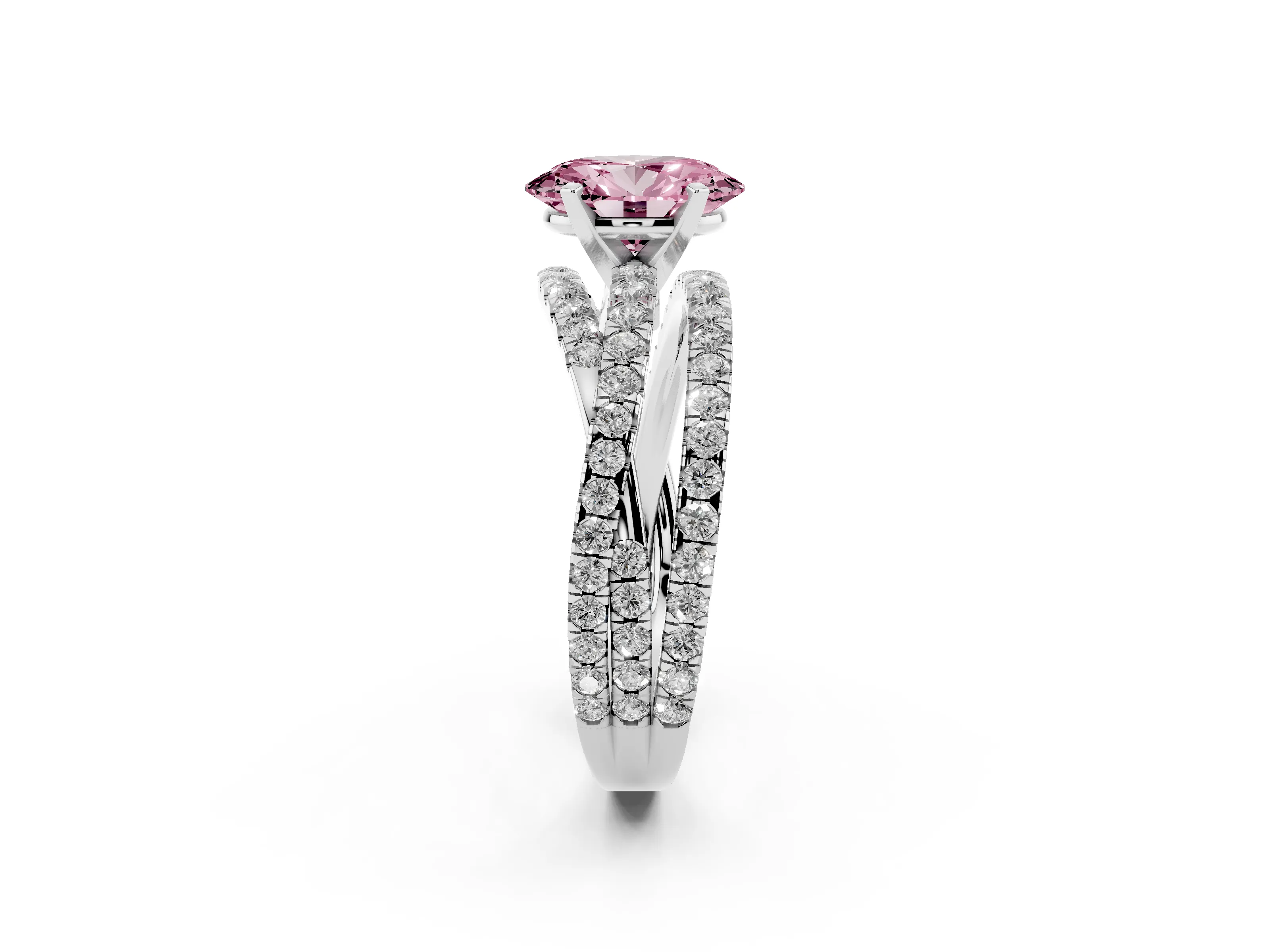 Fancy Pink Oval Cut Diamond Solitaire Twist Band Ring Set in Platinum with Pavé Setting and Prong Head