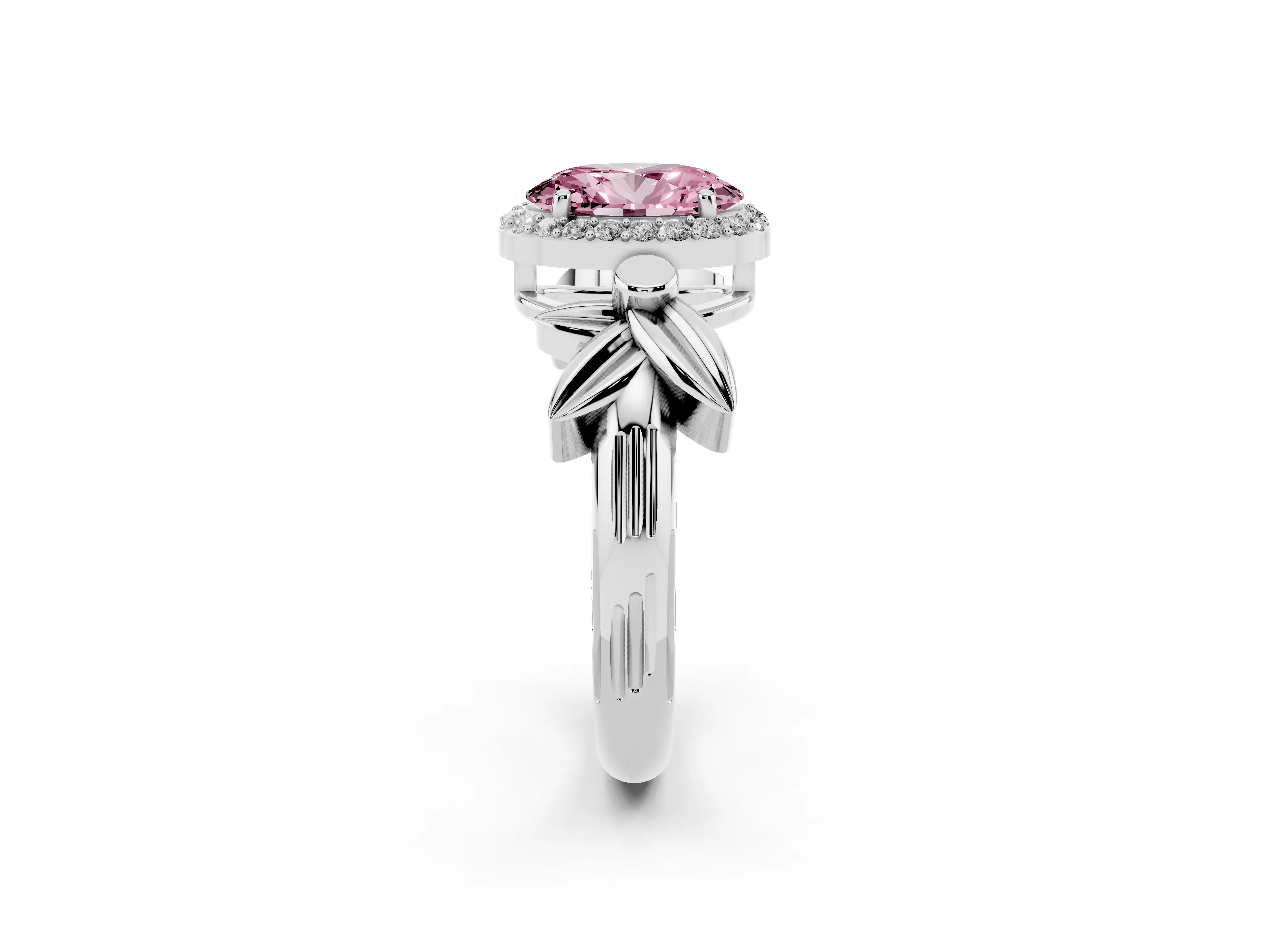 Fancy Pink Oval Cut Diamond Halo Floral Band Ring Set in Platinum with Prong Setting