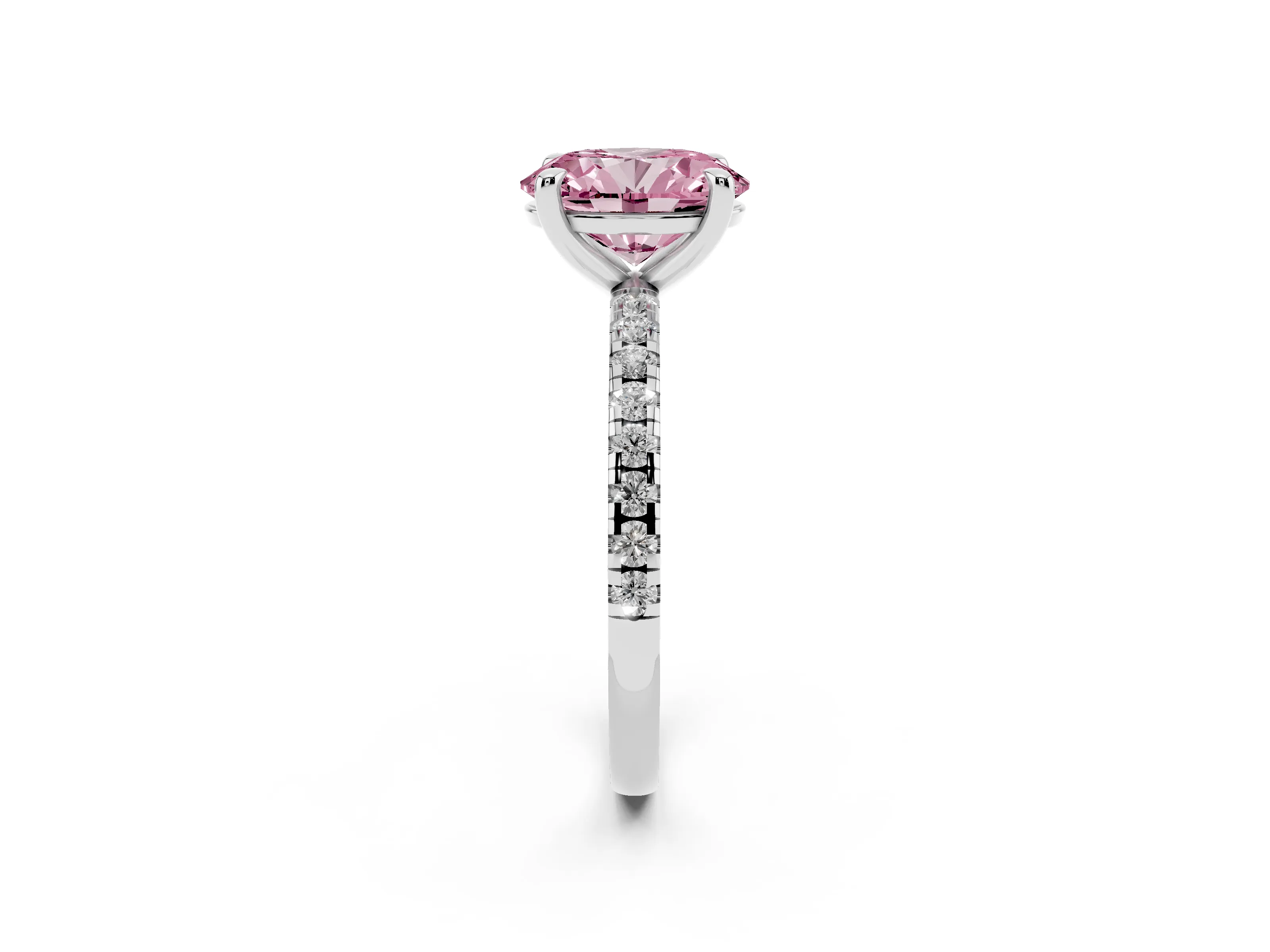 Fancy Pink Oval Cut Diamond Brilliant Solitaire Ring Set in White gold with Pavé Band and Prong Setting