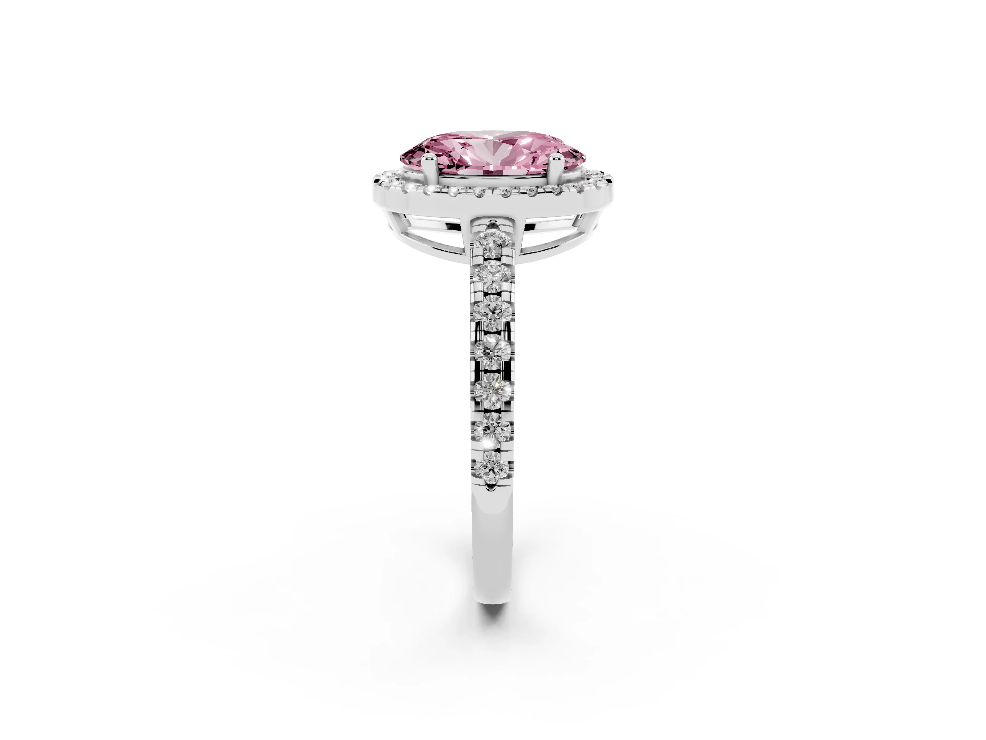 Fancy Pink Oval Cut Diamond Halo Ring Set in Platinum with Delicate Pavé Band and Prong Setting