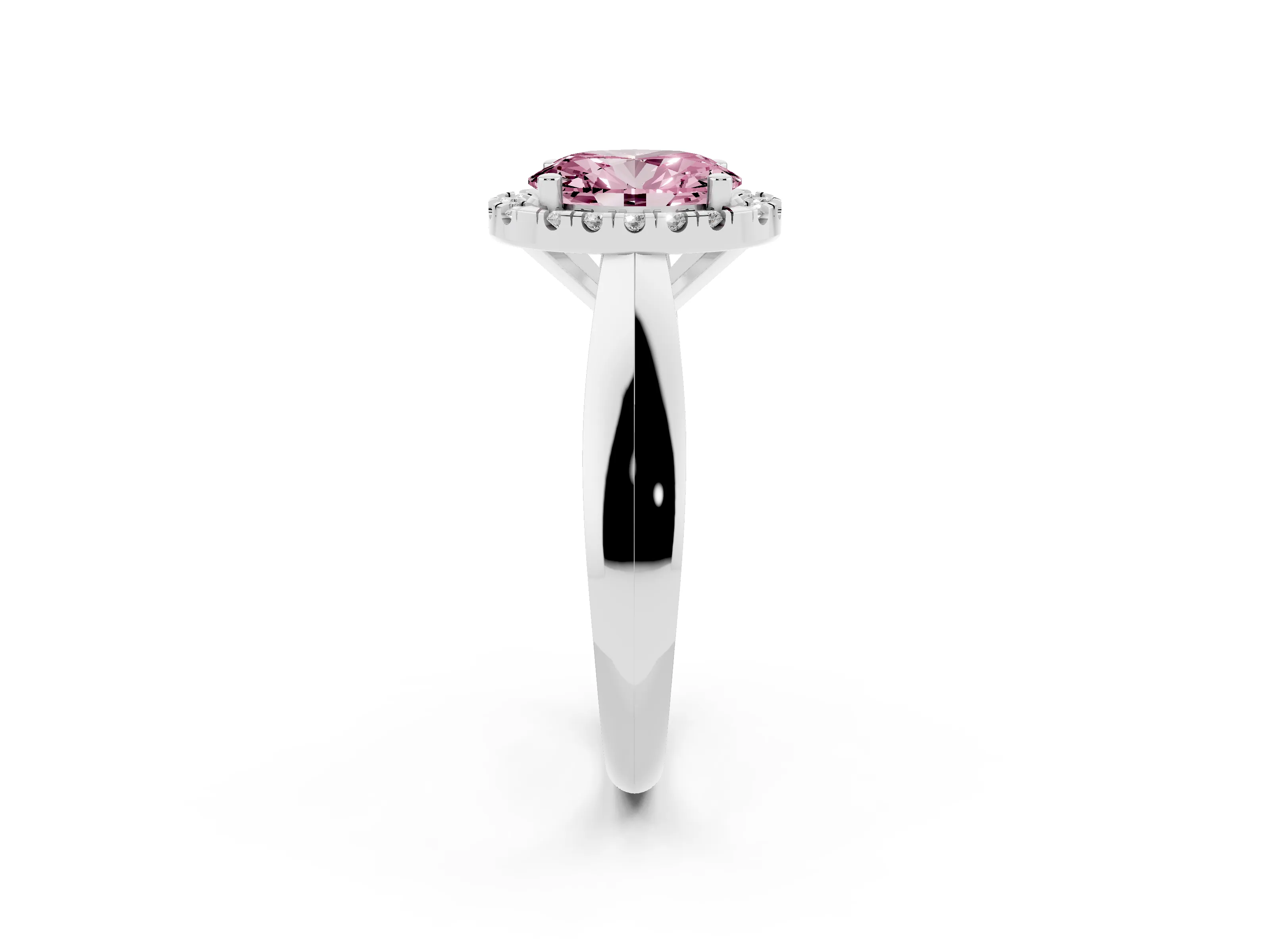 Fancy Pink Oval Cut Diamond Halo Solitaire Engagement Ring Set in Silver with Square Band and Prong Setting