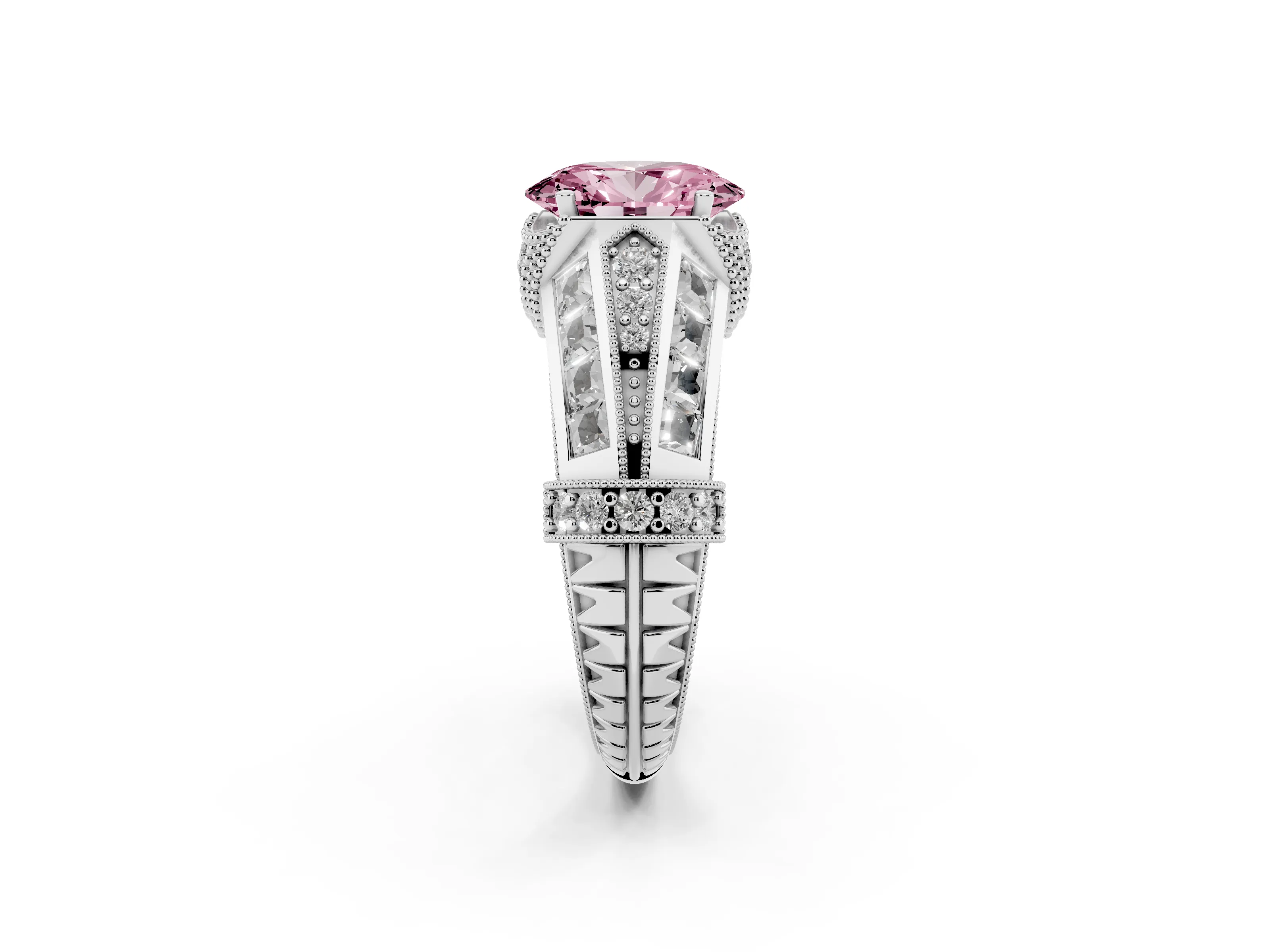 Fancy Pink Oval Cut Diamond Vintage-Inspired Milgrain Ring Set in Silver with Accent Split Shank