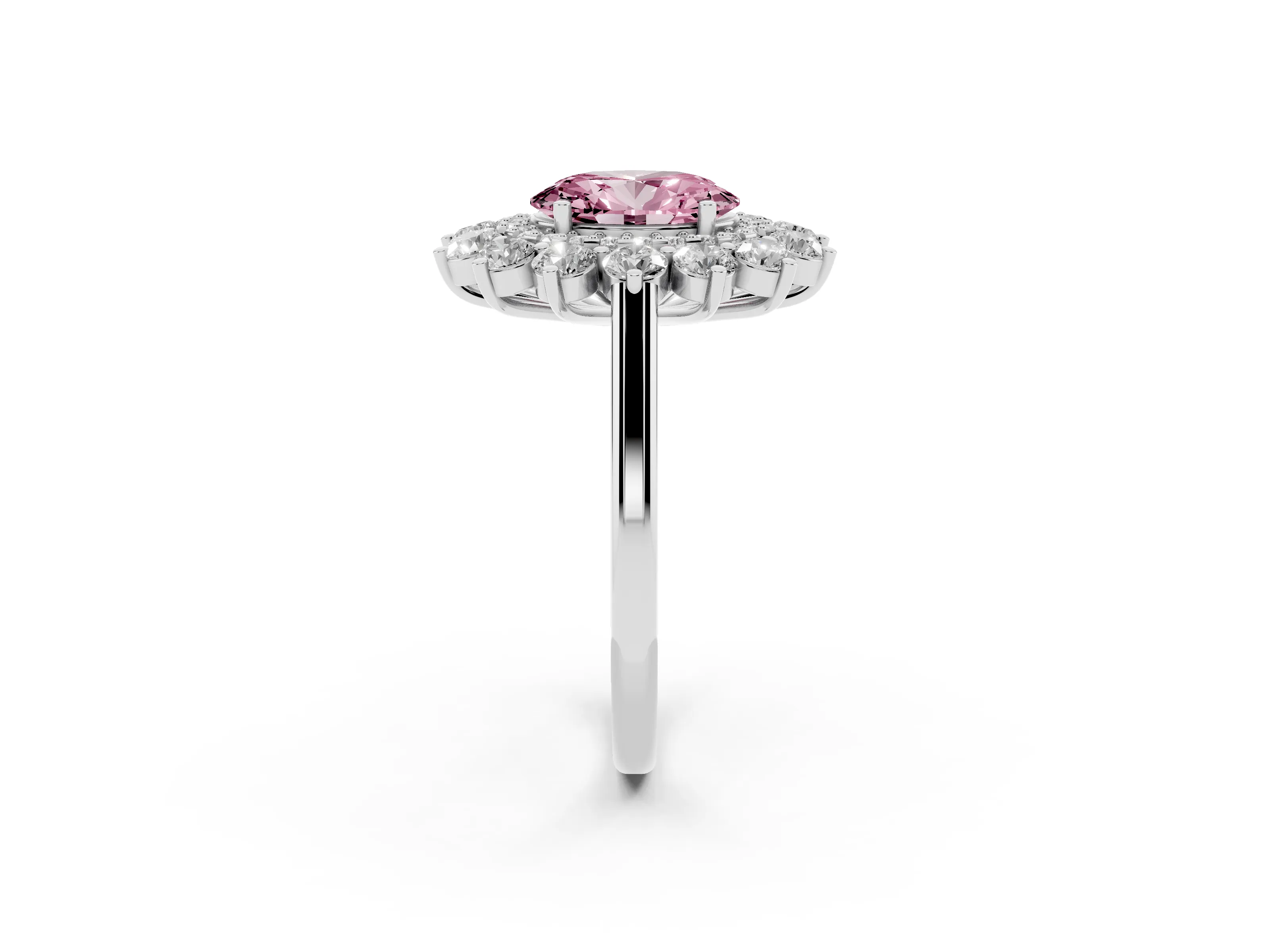 Fancy Pink Oval Cut Diamond Floral Double Halo Ring Set in Platinum with Round Petals