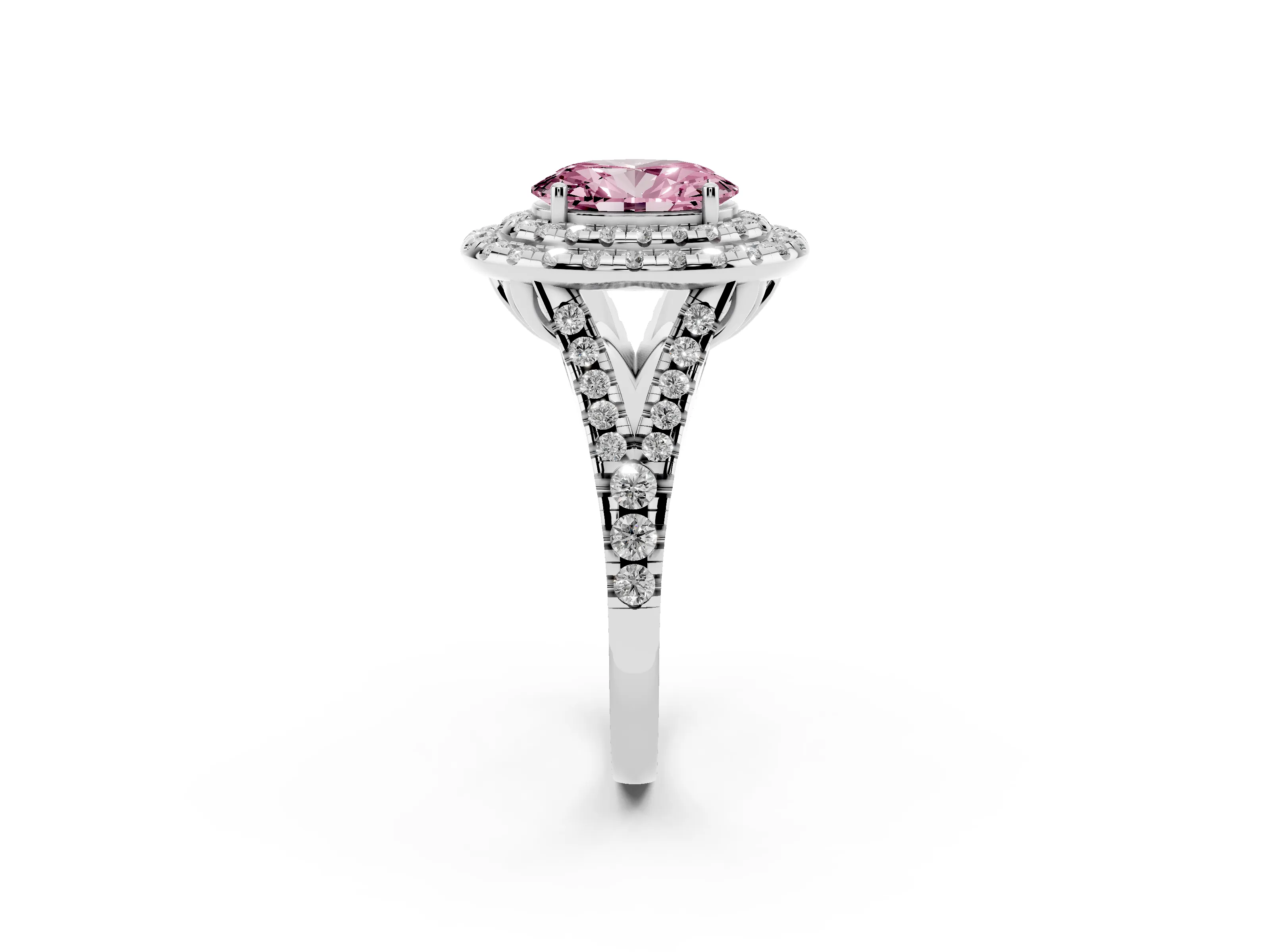Fancy Pink Oval Cut Diamond Double Halo Ring Set in Silver with Pavé Split Shank and Prong Setting