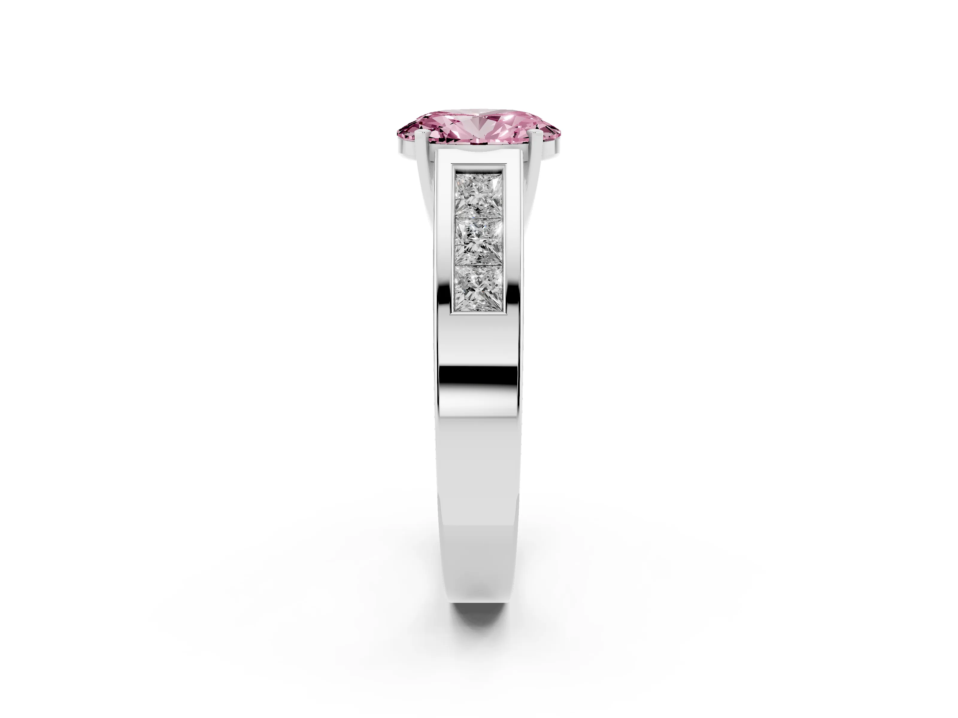 Fancy Pink Oval Cut Diamond Solitaire Ring Set in Platinum with Channel-Set Accent Stones and Prong Setting