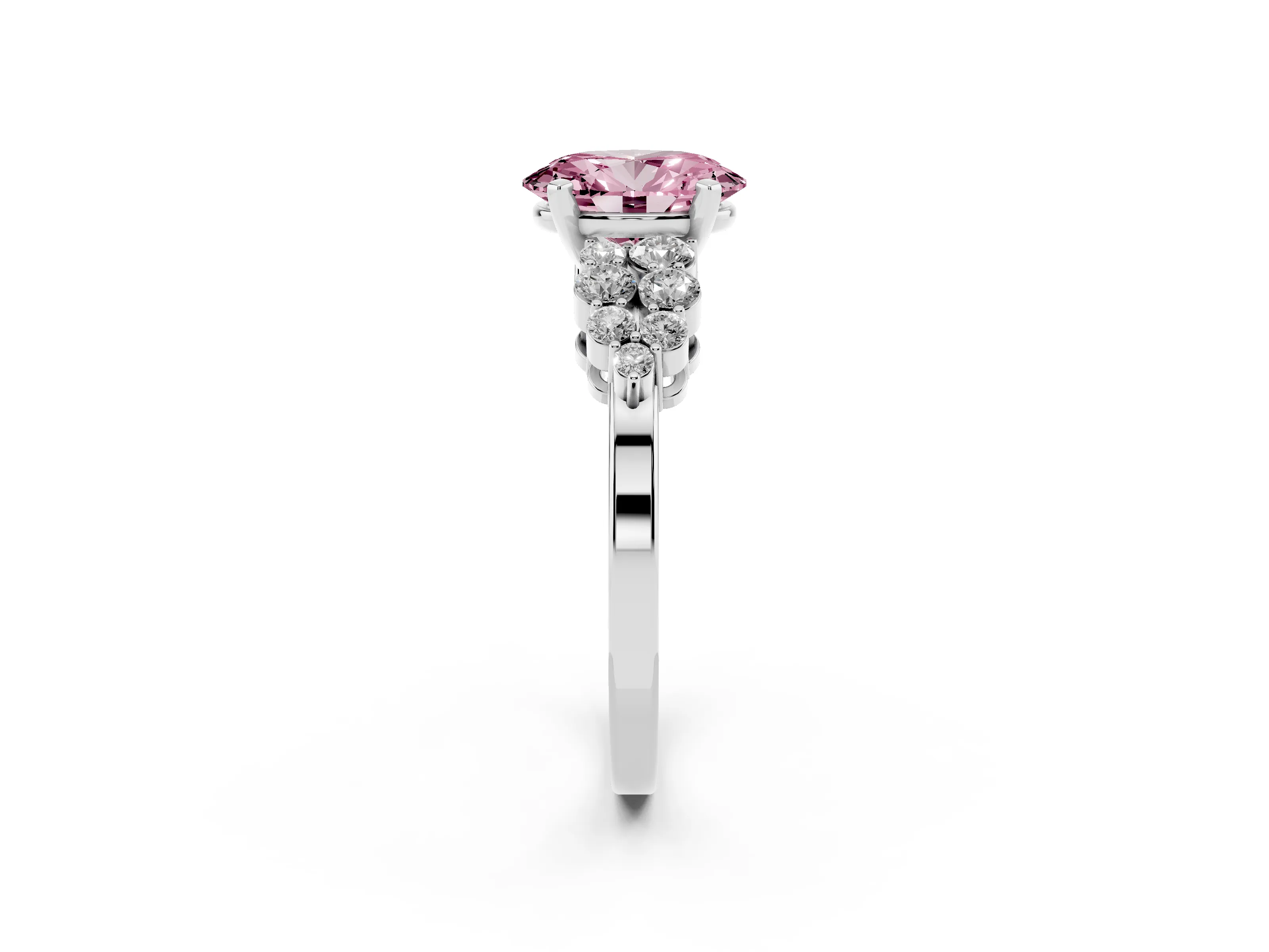 Fancy Pink Oval Cut Diamond Cluster Engagement Ring Set in Silver with Pavé Band and Prong Setting