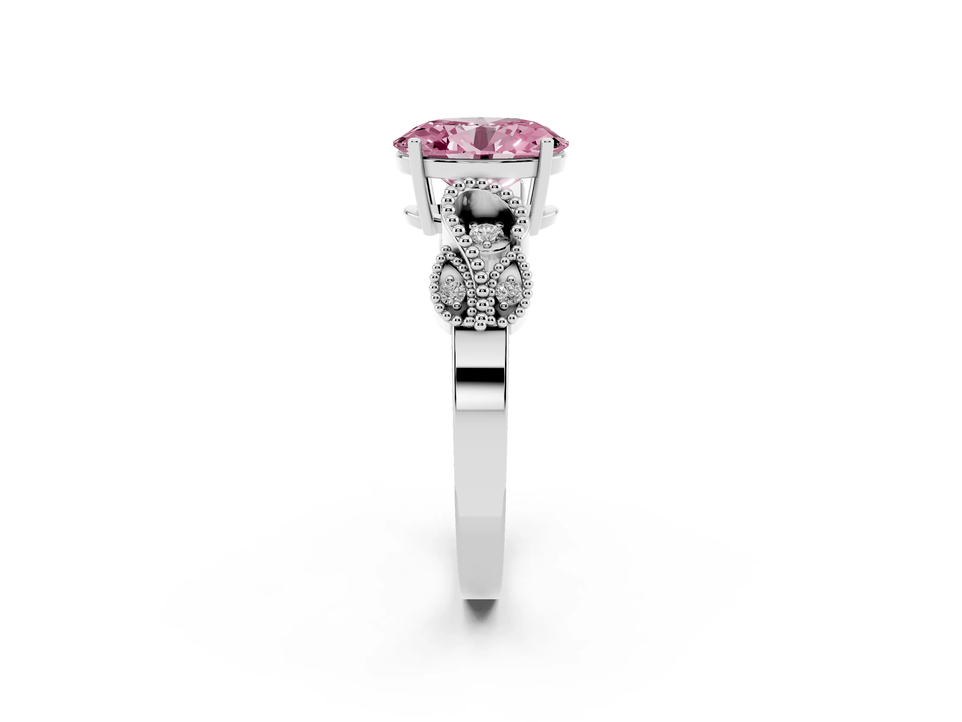 Fancy Pink Oval Cut Diamond Milgrain Leaf Band Solitaire Ring Set in White gold with Accent Stones and Prong Setting