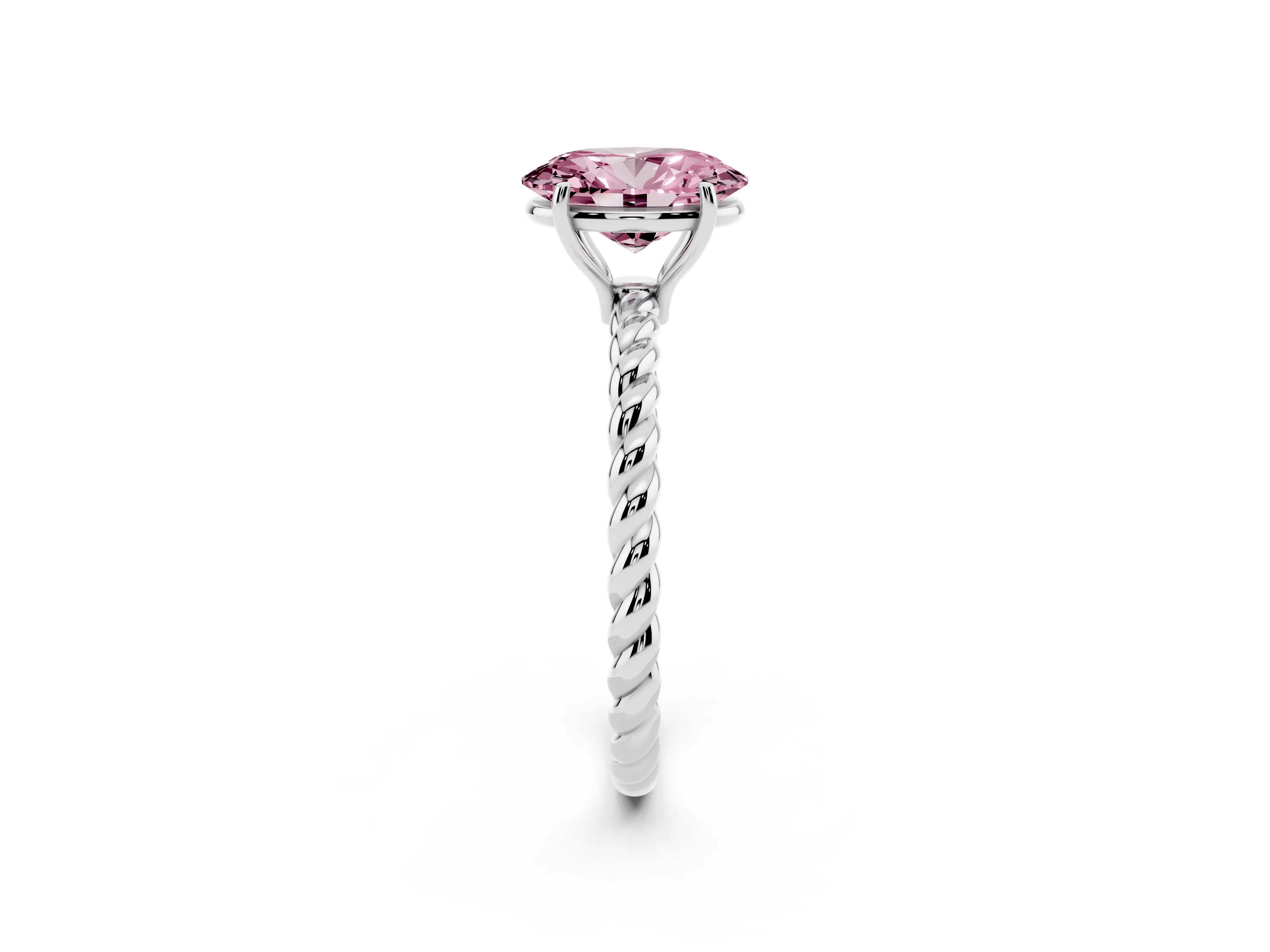 Fancy Pink Oval Cut Diamond Solitaire Ring Set in Platinum with Twist Band and Prong Setting