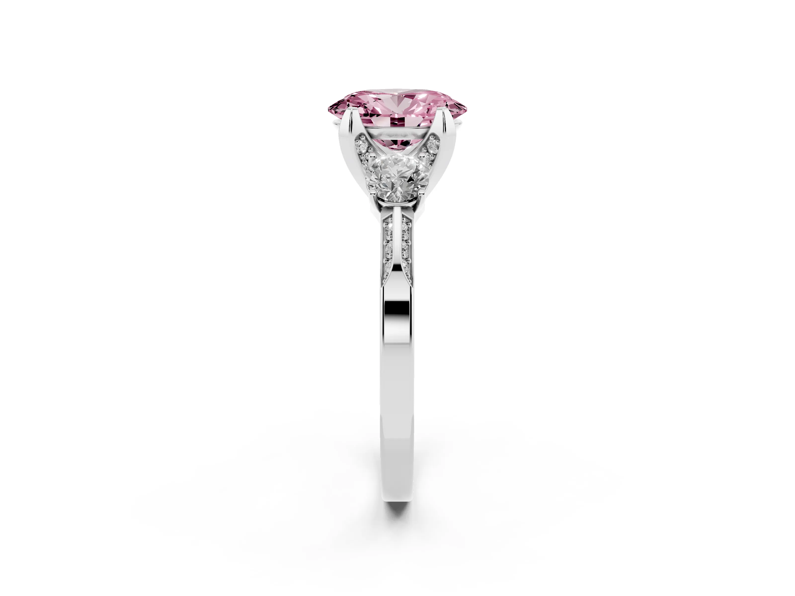 Fancy Pink Oval Cut Diamond Three-Stone Ring Set in Silver with Pavé Band and Smaller Side Stones