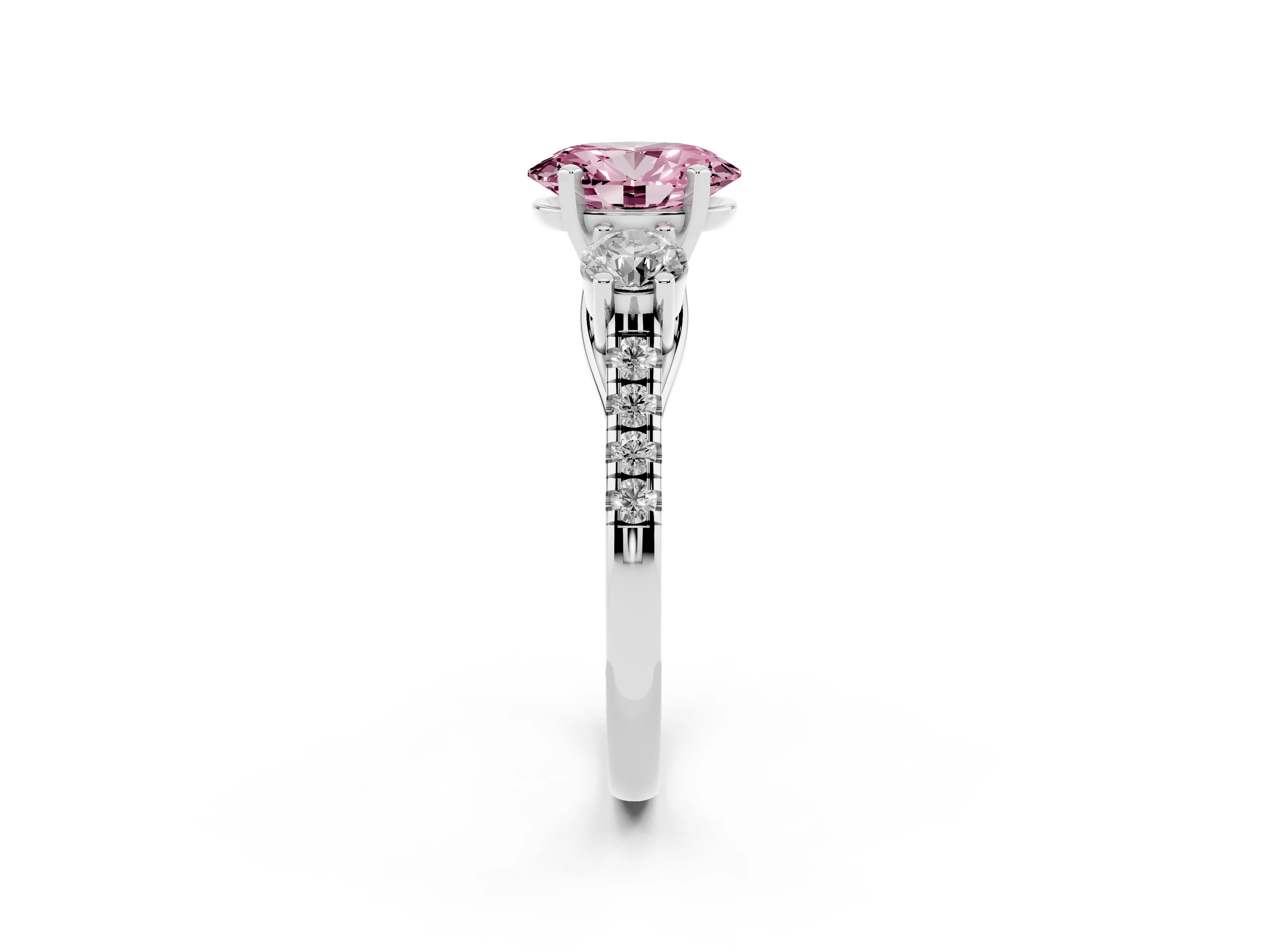 Fancy Pink Three-Stone Oval Cut Diamond Pavé Band Ring Set in White gold with Prong-Set Trio