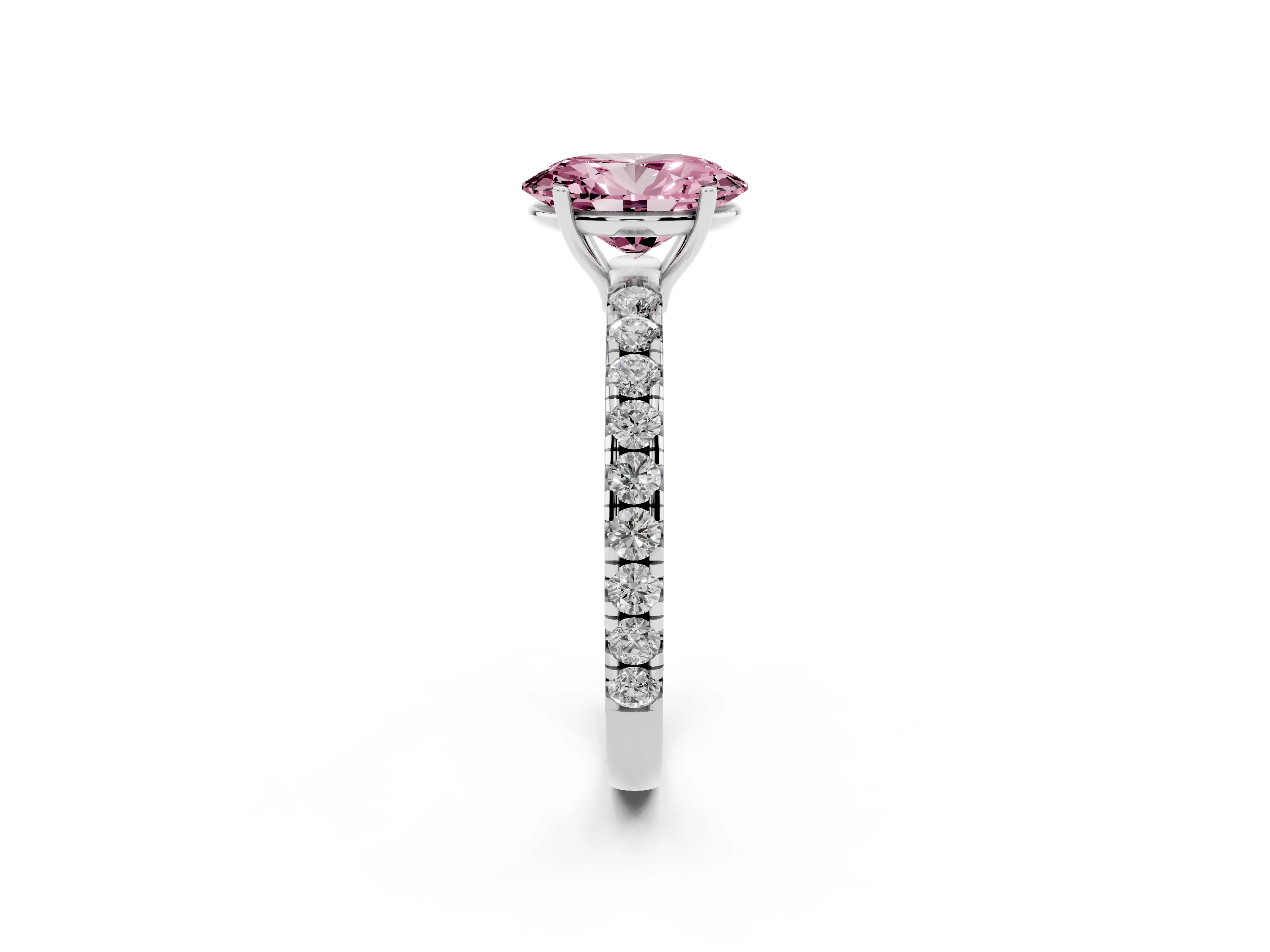 Fancy Pink Oval Cut Diamond Pavé Solitaire Engagement Ring Set in Platinum with Prong Setting