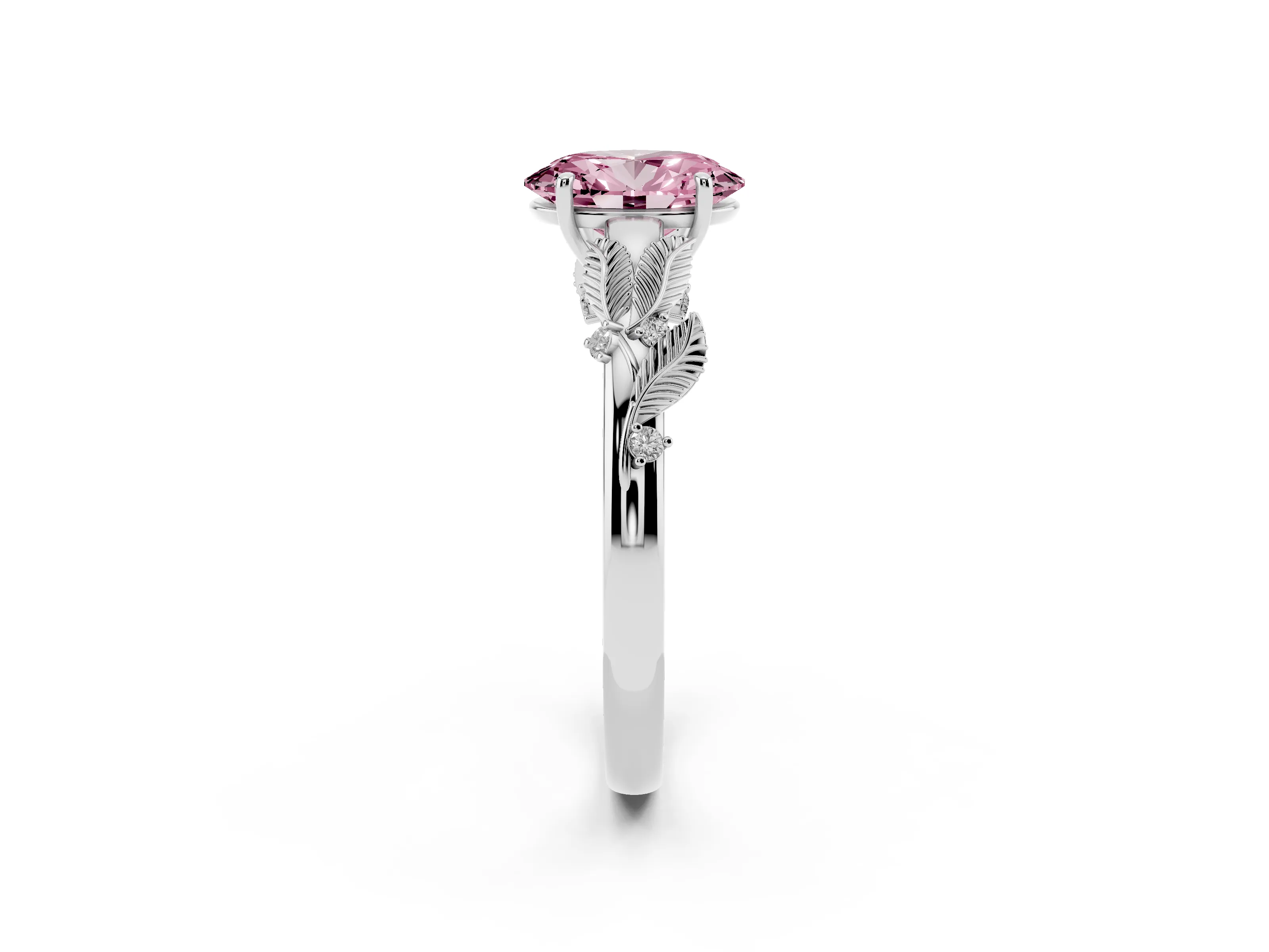 Fancy Pink Oval Cut Diamond Solitaire Ring Set in White gold with Leaf Motif Band