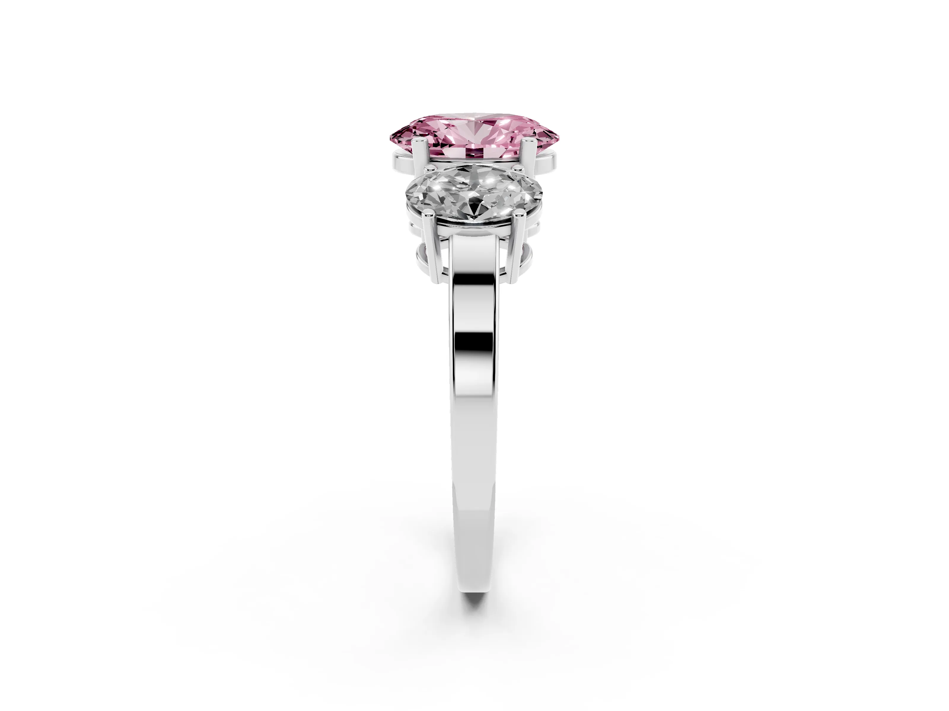 Fancy Pink Oval Cut Diamond Three-Stone Engagement Ring Set in Silver with Flat Band
