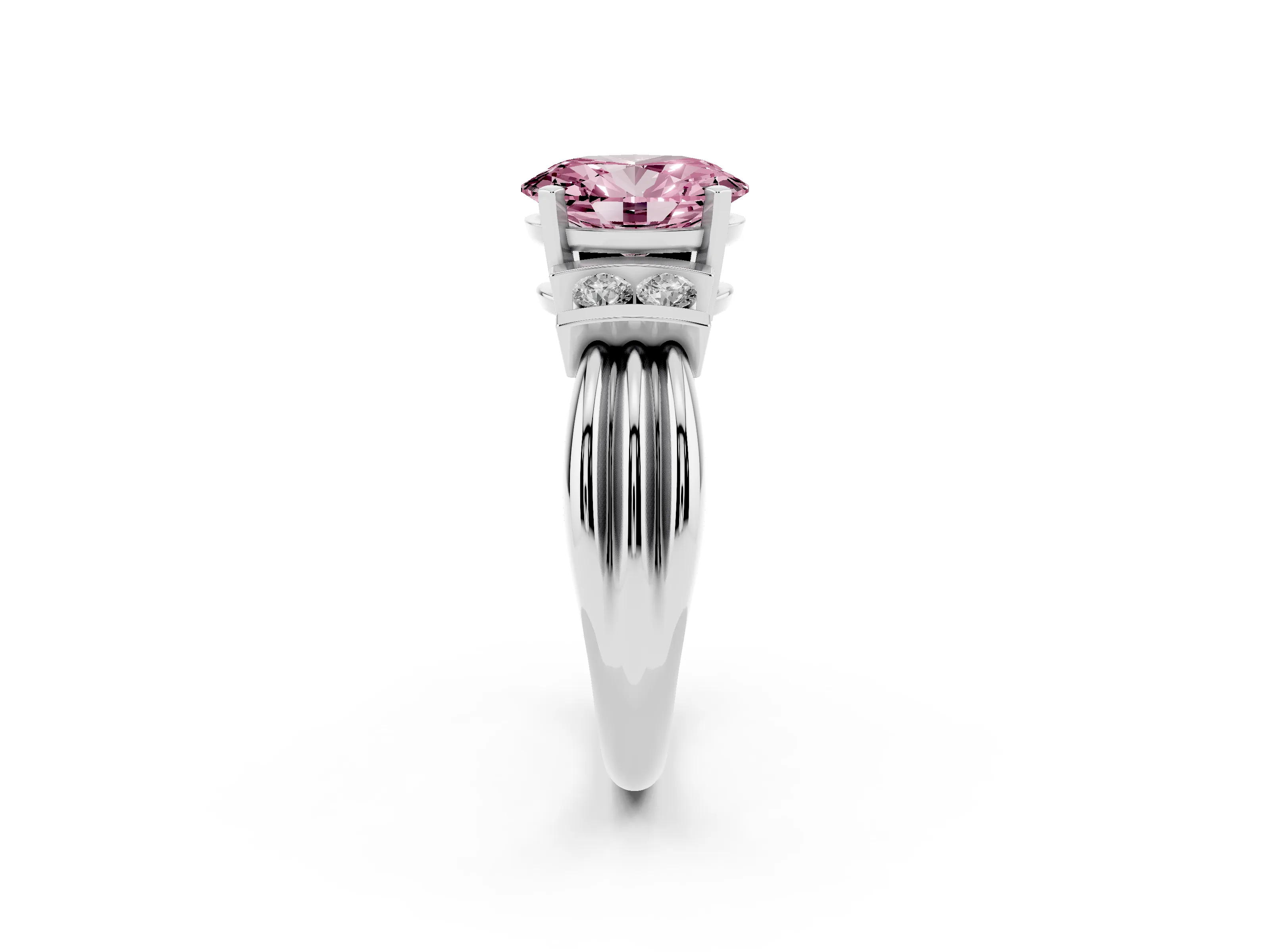 Fancy Pink Three-Stone Oval Cut Diamond Channel Set Ring Set in Platinum with Bar Prongs