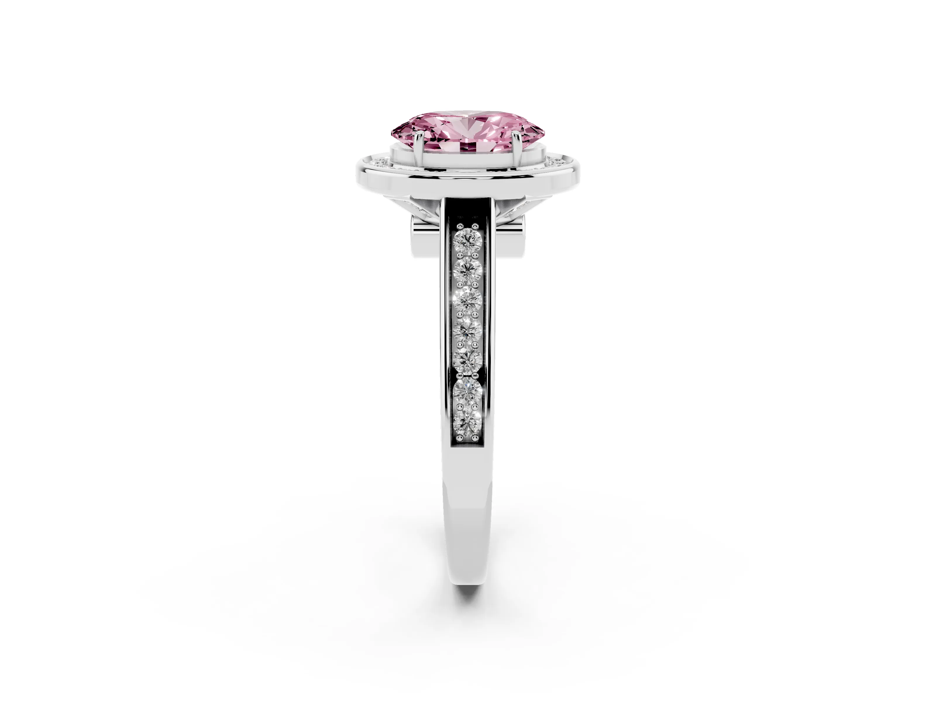 Fancy Pink Oval Cut Diamond Halo Solitaire Ring Set in White gold with Pavé Band and Bezel Setting