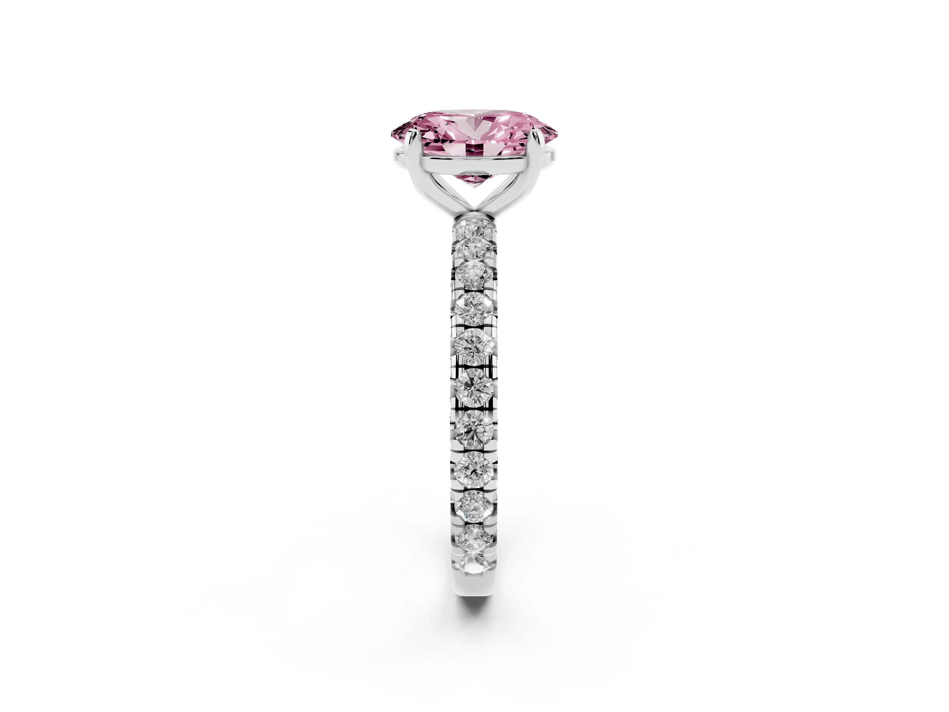 Fancy Pink Oval Cut Diamond Pavé Solitaire Ring Set in Platinum with Round Band and Prong Setting