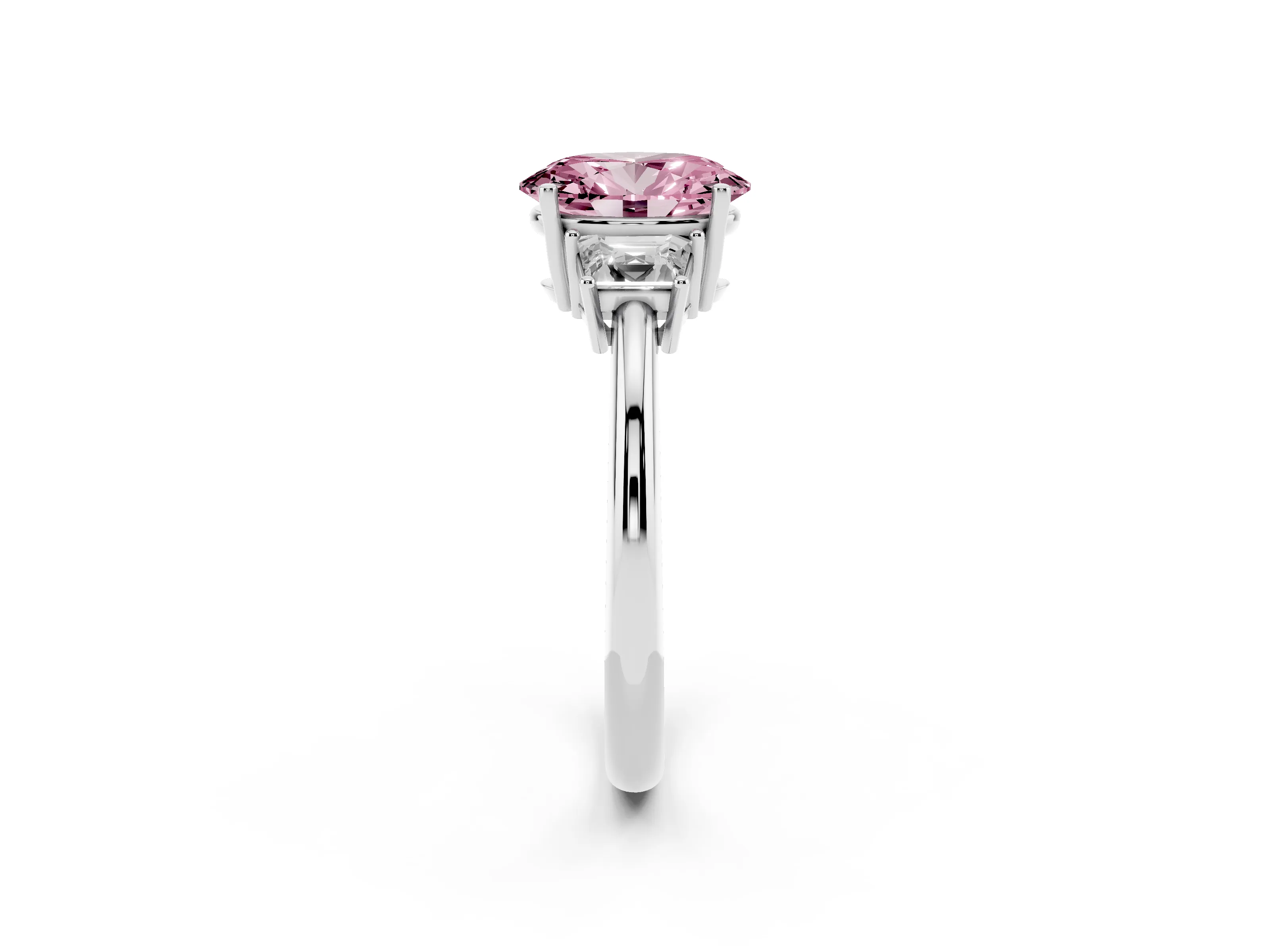 Fancy Pink Oval Cut Diamond Three-Stone Ring Set in White gold with Trapezoid Side Stones and Prong Setting
