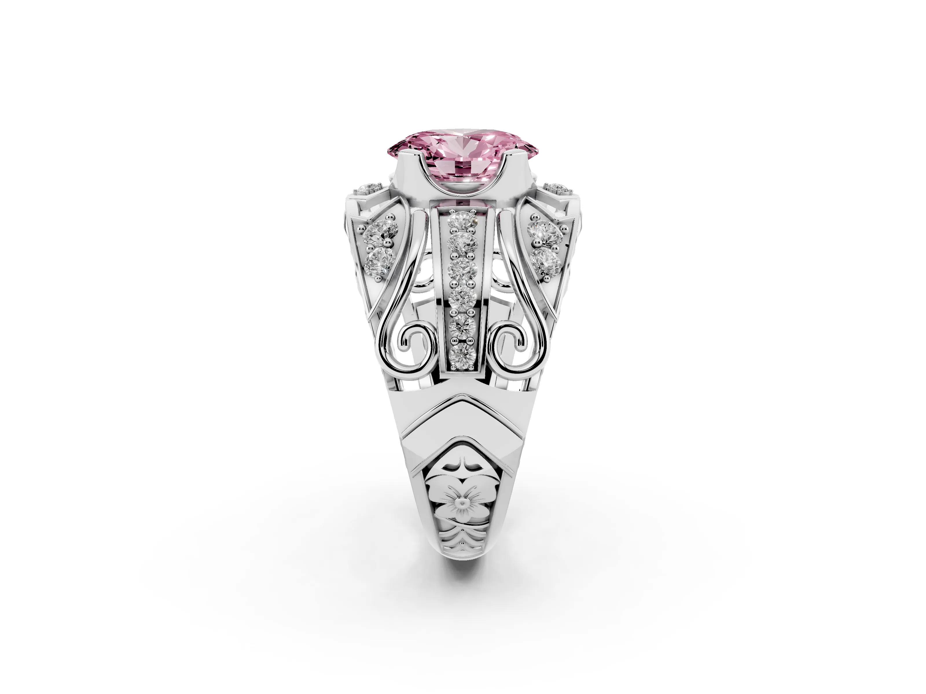Fancy Pink Oval Cut Diamond Art Deco Ring Set in Silver with Pavé Split Shank