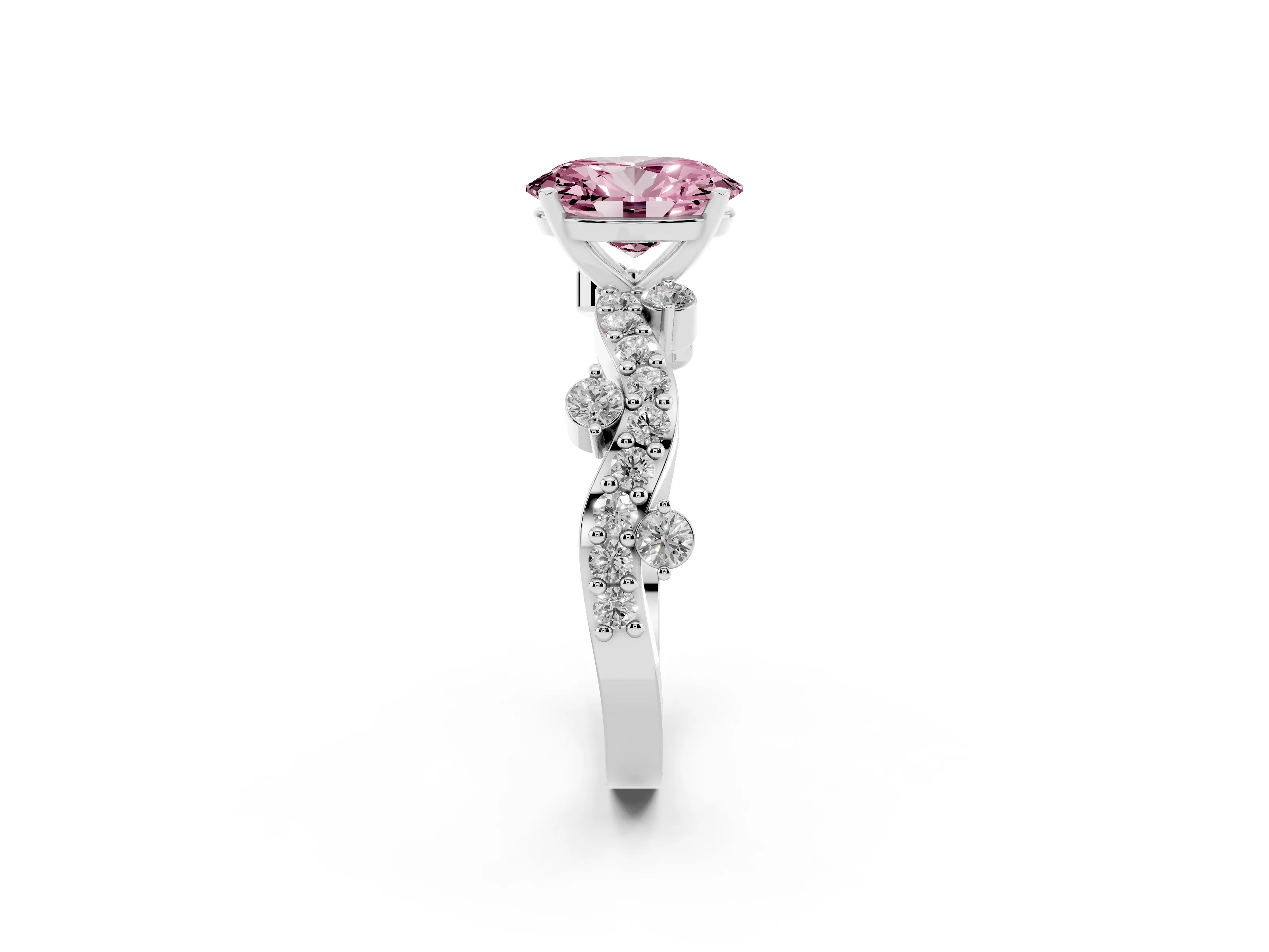 Fancy Pink Oval Cut Diamond Solitaire Twisted Band Set in White gold with Pavé Setting