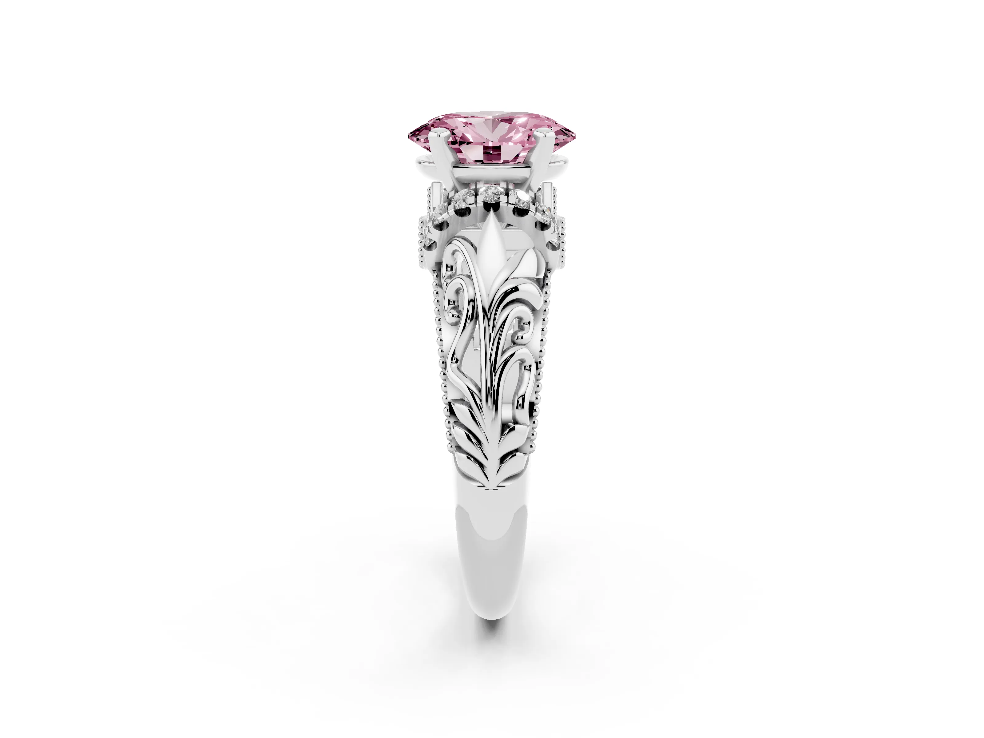 Fancy Pink Oval Cut Diamond Filigree Halo Engagement Ring Set in Platinum with Prong Setting