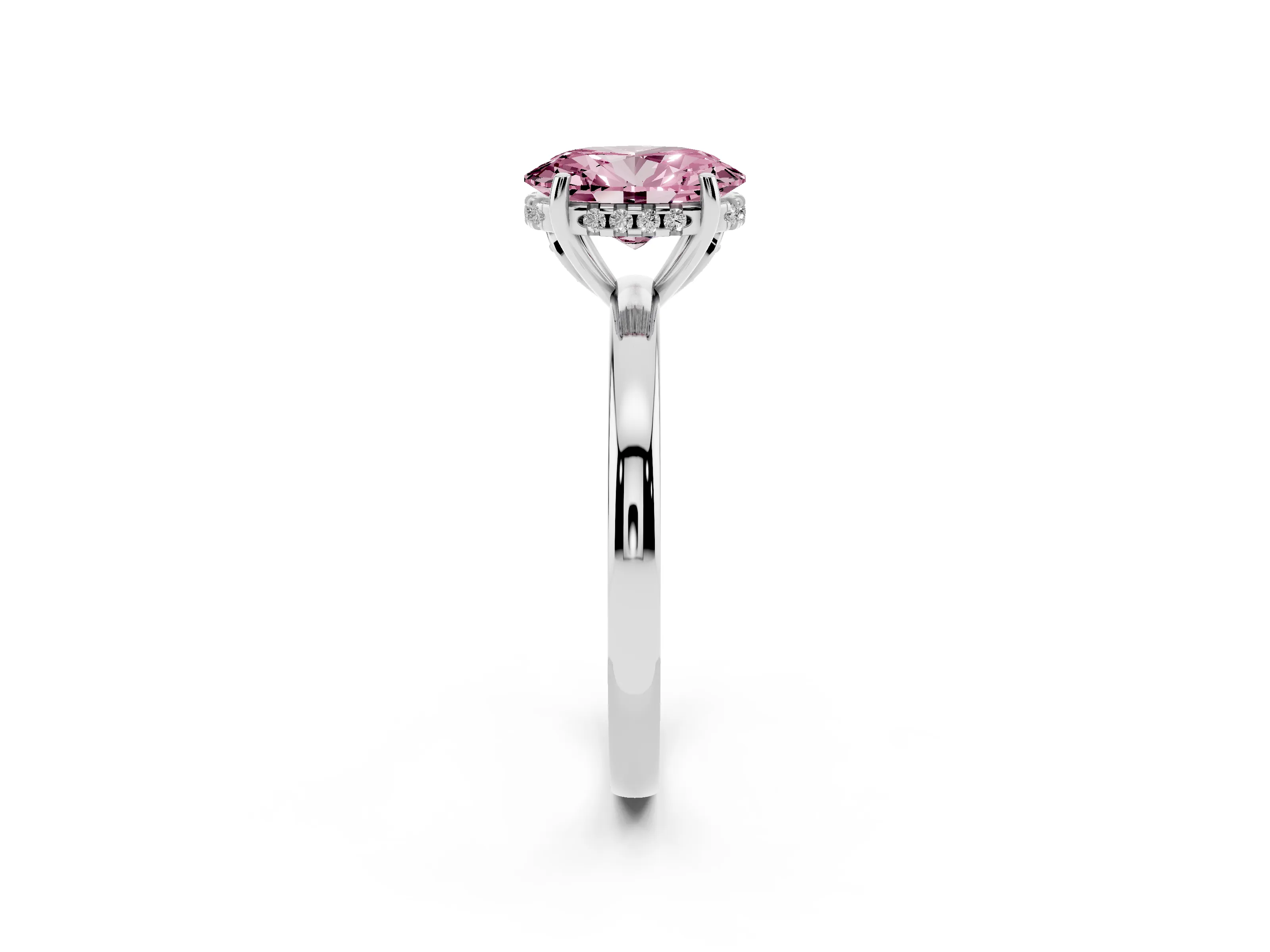 Fancy Pink Oval Cut Diamond Solitaire Ring Set in Silver with Plain Band and Prong Setting