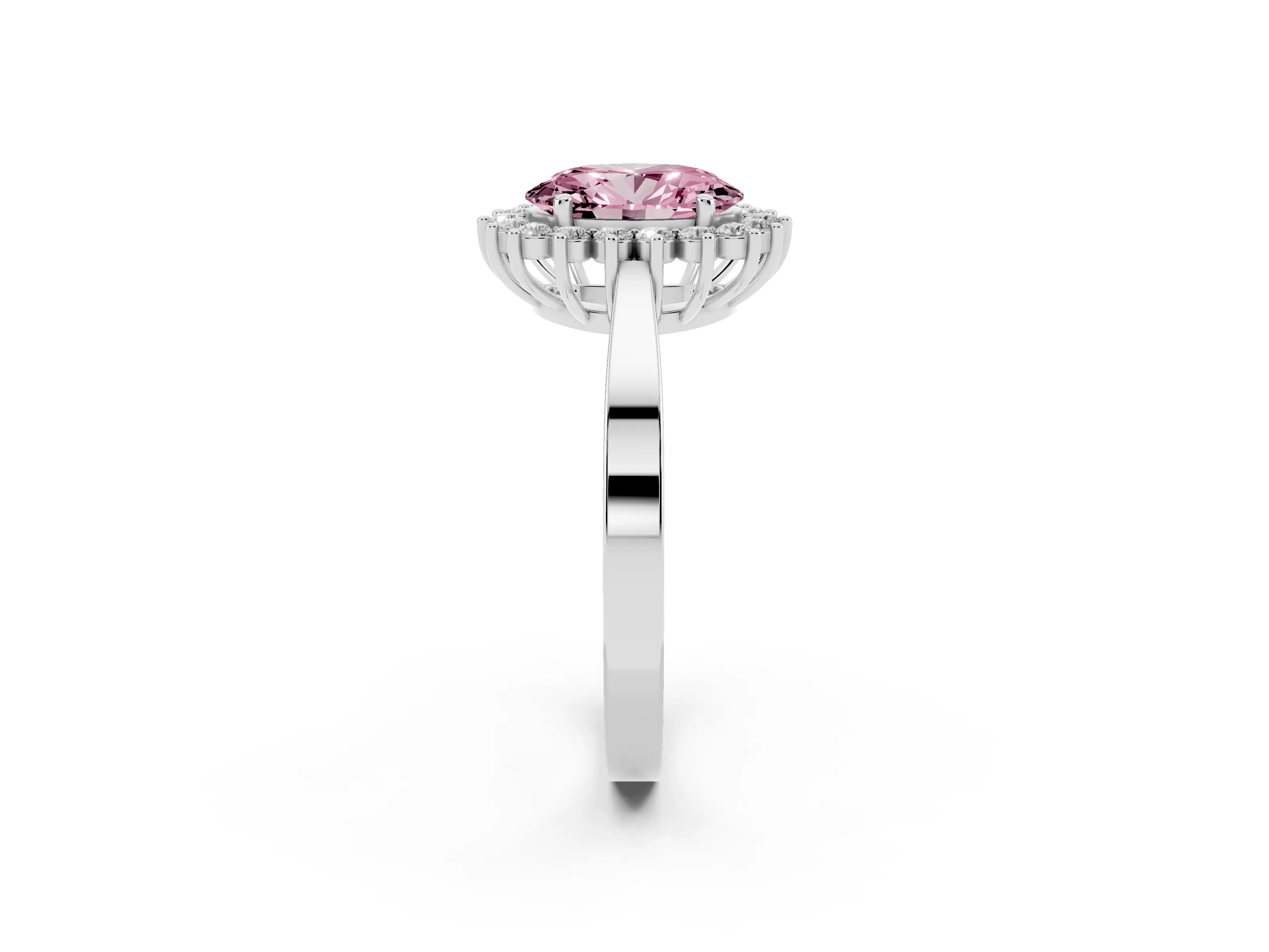 Fancy Pink Oval Cut Diamond Halo Ring Set in White gold with Round Halo and Smooth Solitaire Band