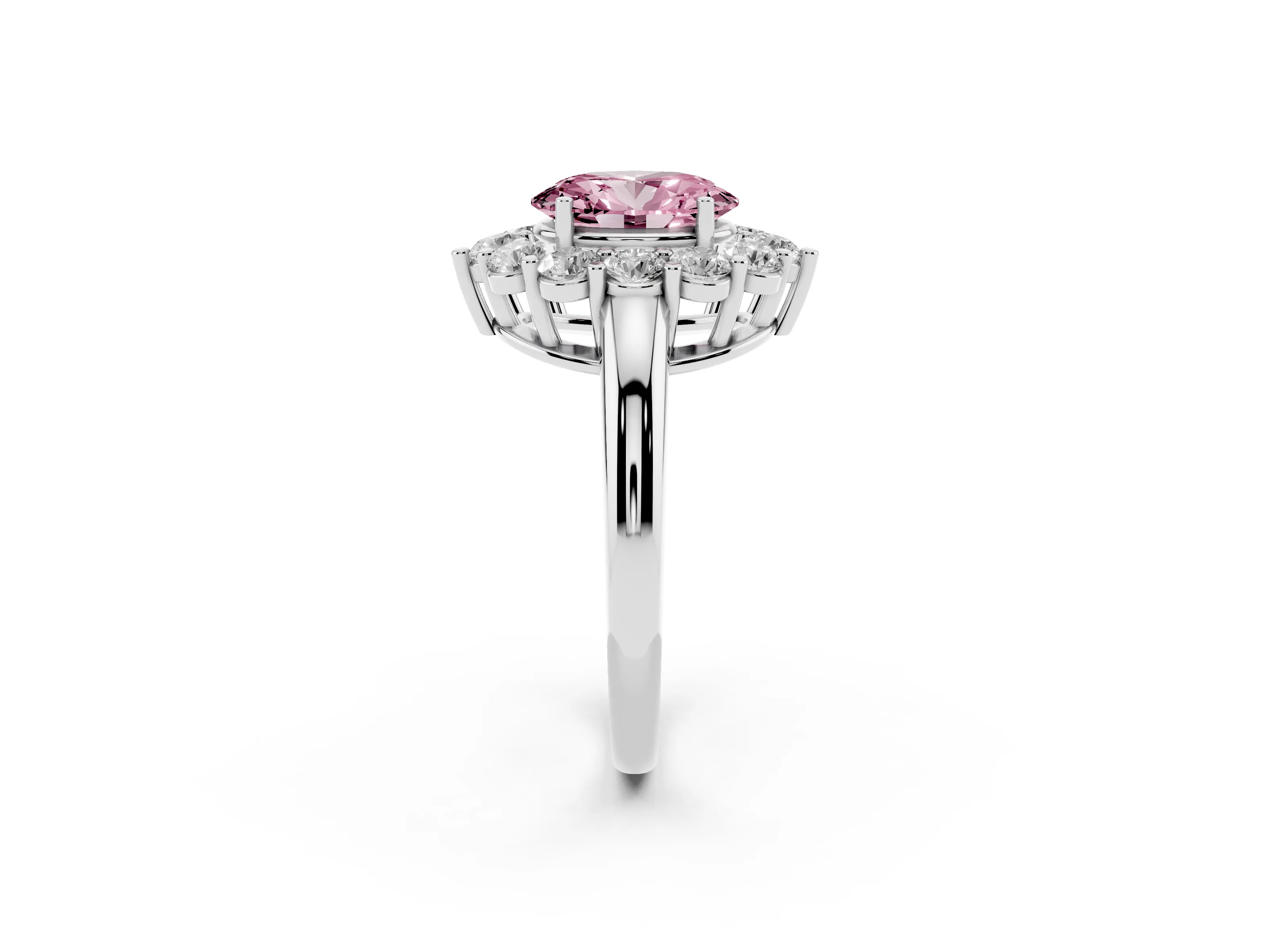 Fancy Pink Oval Cut Diamond Halo Cluster Engagement Ring Set in Silver with Polished Band and Prong Setting
